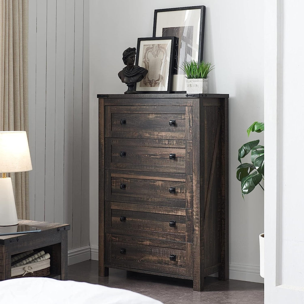 Commode haute en bois à 5 tiroirs de style ferme, commode pour chambre à coucher
