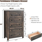 Commode haute en bois à 5 tiroirs de style ferme, commode pour chambre à coucher