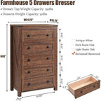 Commode haute en bois à 5 tiroirs de style ferme, commode pour chambre à coucher
