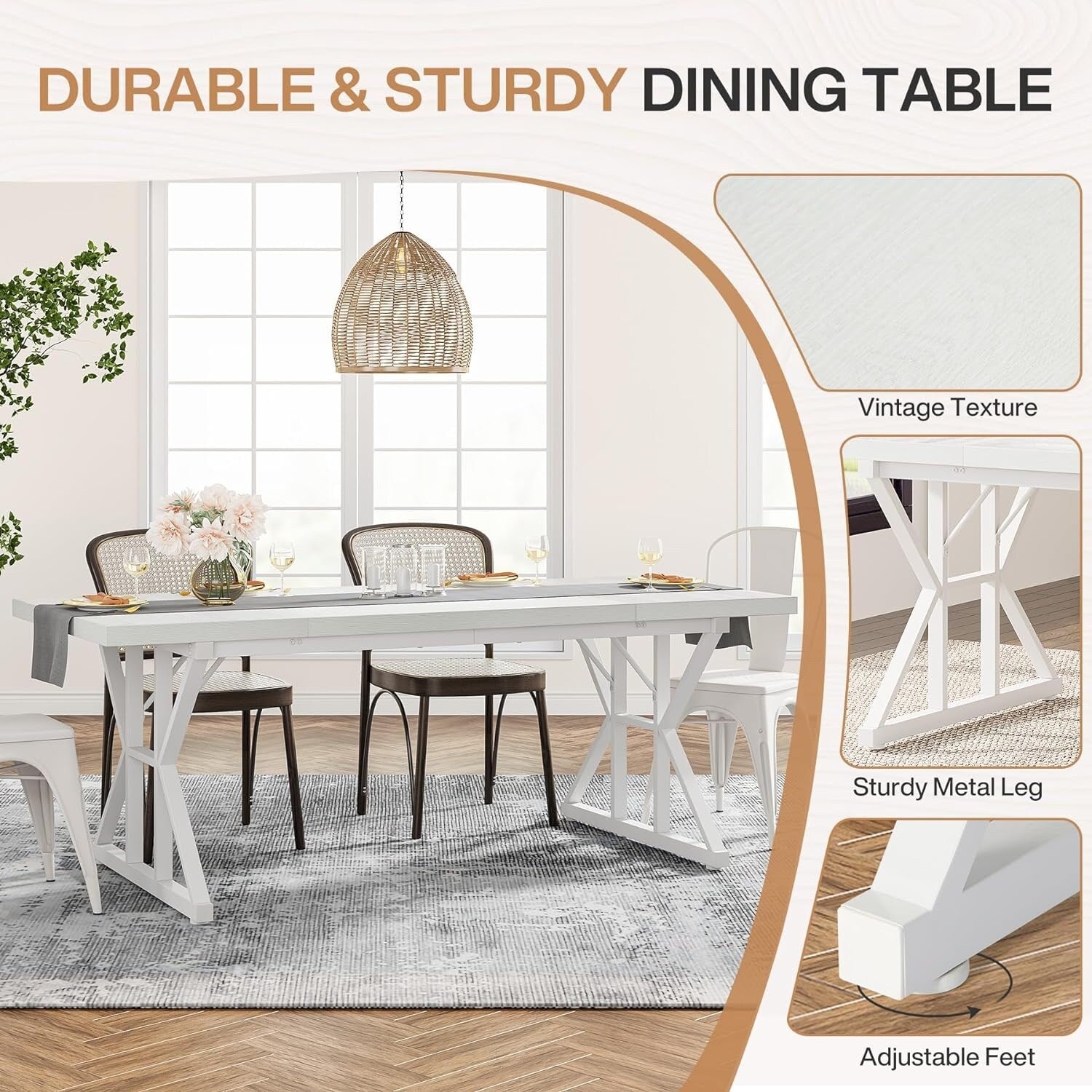 Table à manger de ferme pour 6 personnes, table de cuisine rectangulaire en bois de 70,8 pouces