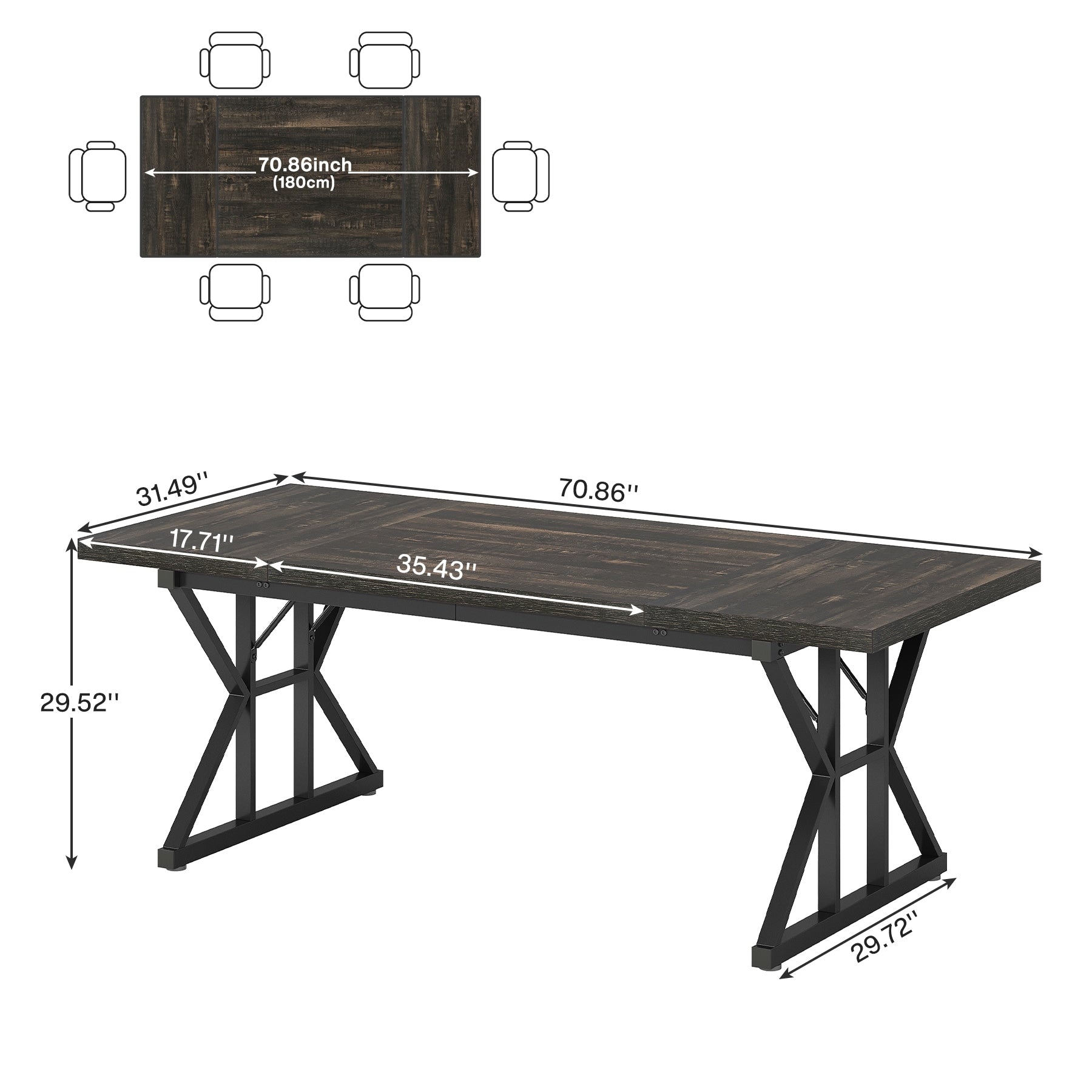 Table à manger de ferme pour 6 personnes, table de cuisine rectangulaire en bois de 70,8 pouces