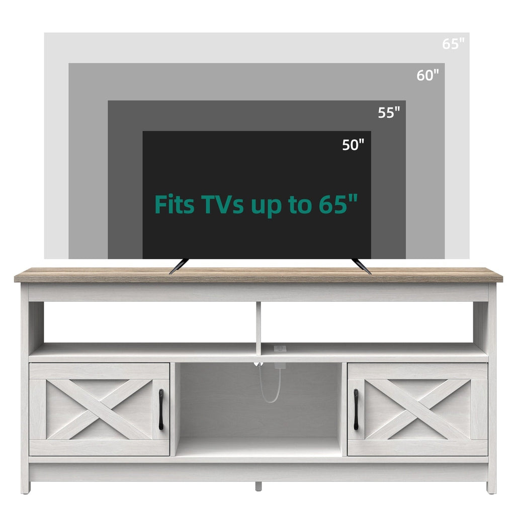 Meuble TV Farmhouse pouvant accueillir jusqu'à 65 téléviseurs avec portes et étagères ouvertes Console multimédia Prise de courant