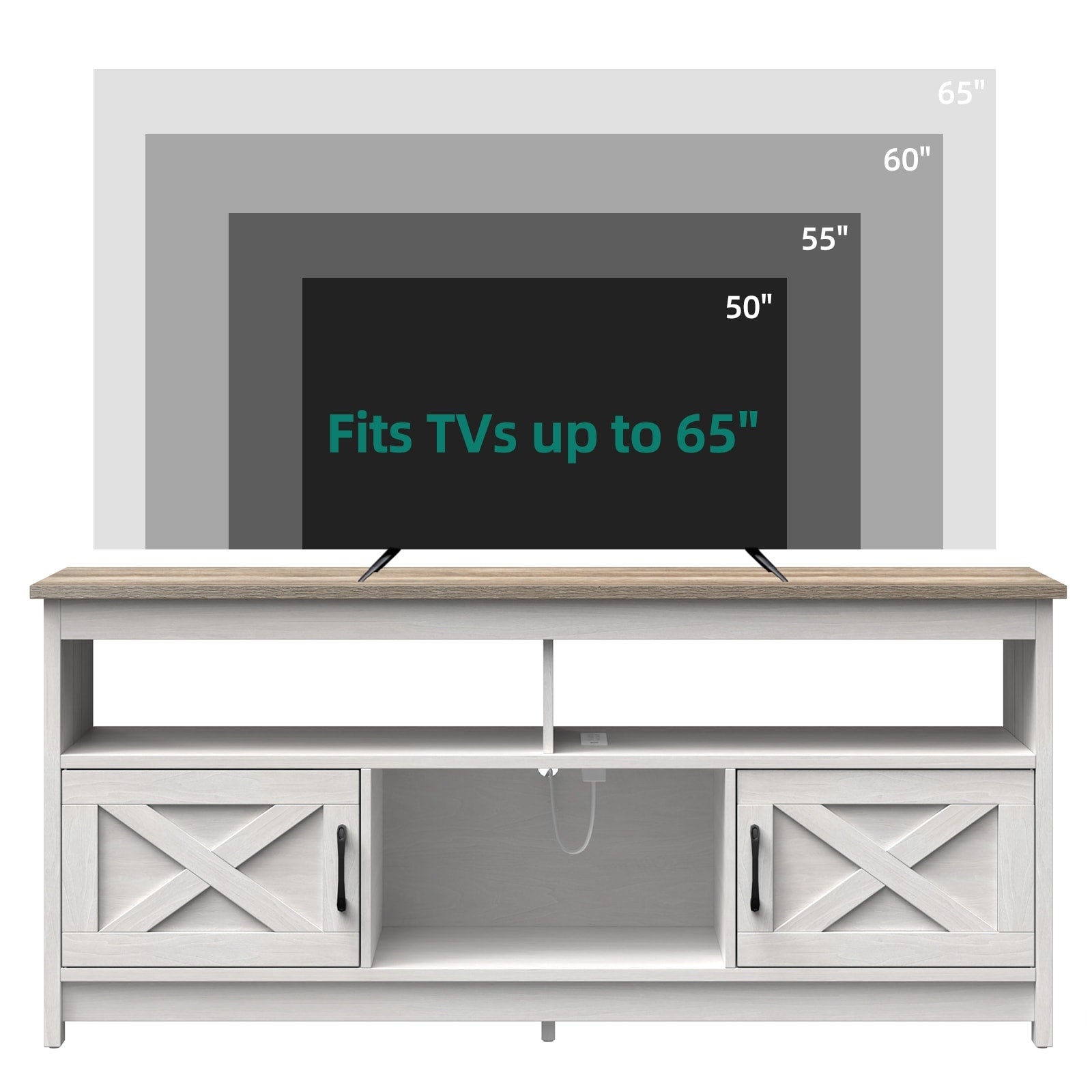 Meuble TV Farmhouse pouvant accueillir jusqu'à 65 téléviseurs avec portes et étagères ouvertes Console multimédia Prise de courant
