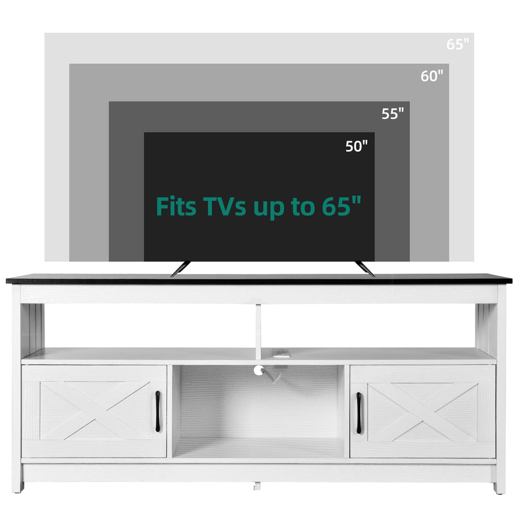 Meuble TV Farmhouse pouvant accueillir jusqu'à 65 téléviseurs avec portes et étagères ouvertes Console multimédia Prise de courant