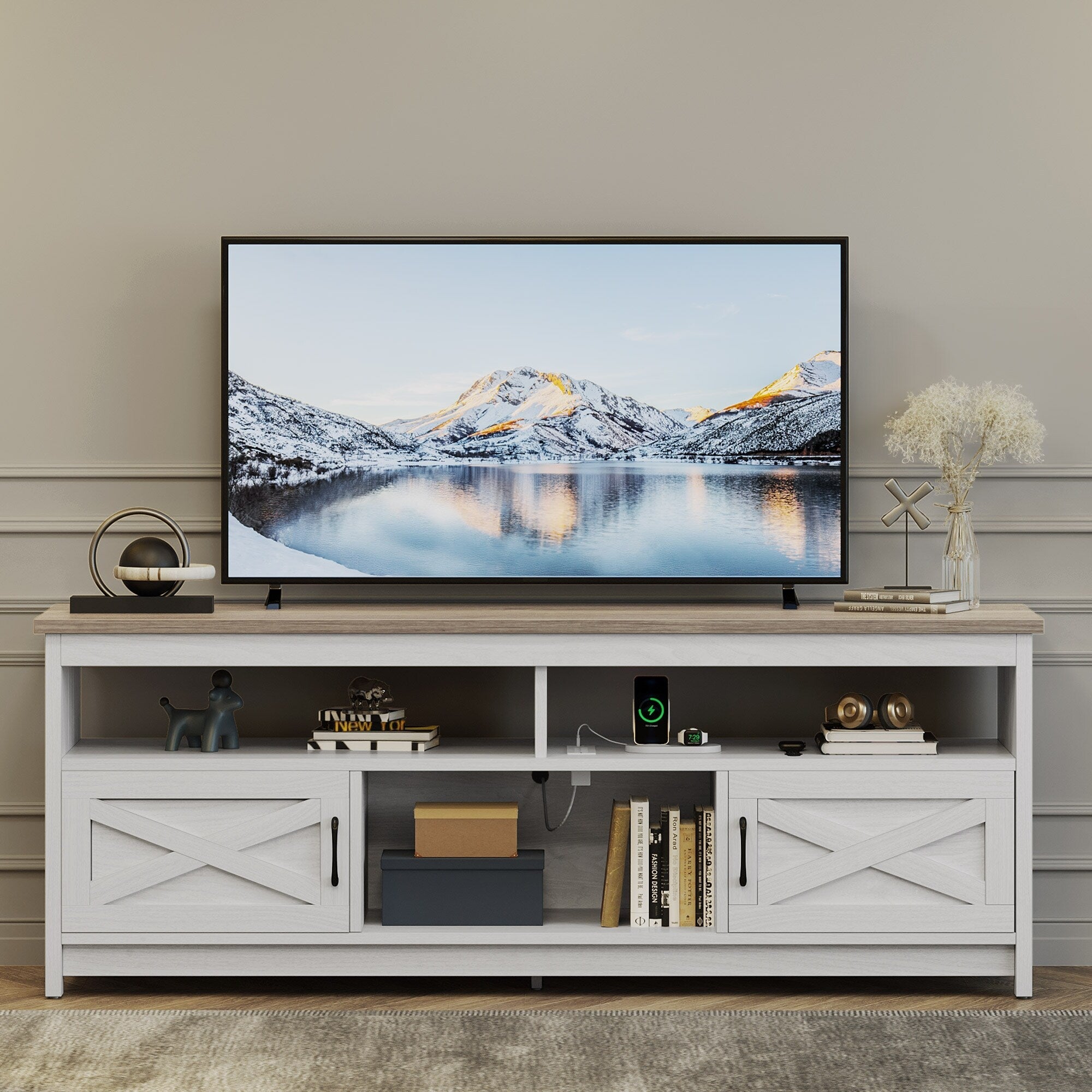 Meuble TV Farmhouse pouvant accueillir jusqu'à 65 téléviseurs avec portes et étagères ouvertes Console multimédia Prise de courant