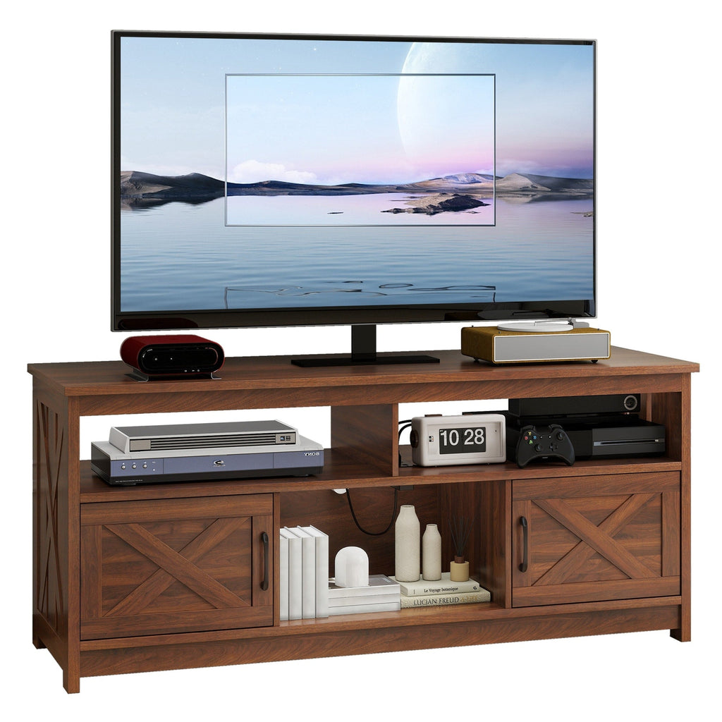 Meuble TV Farmhouse pouvant accueillir jusqu'à 65 téléviseurs avec portes et étagères ouvertes Console multimédia Prise de courant