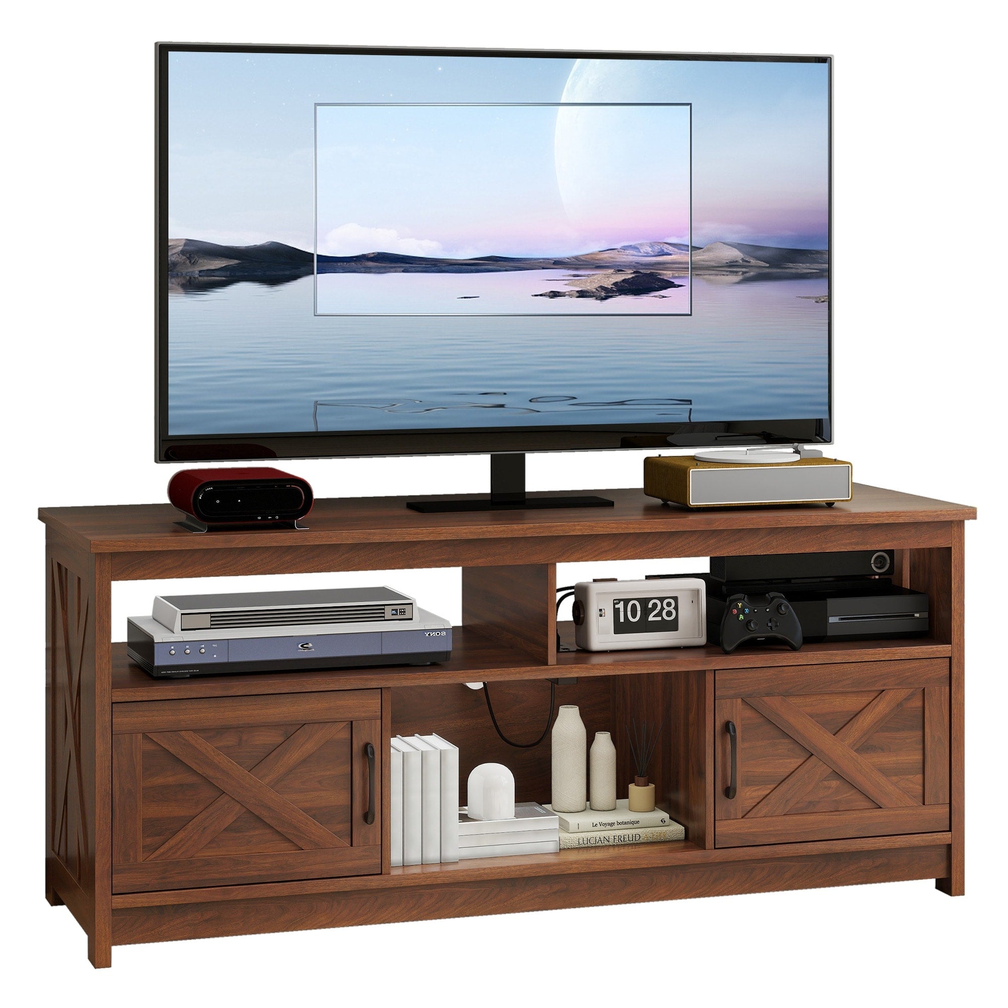 Meuble TV Farmhouse pouvant accueillir jusqu'à 65 téléviseurs avec portes et étagères ouvertes Console multimédia Prise de courant