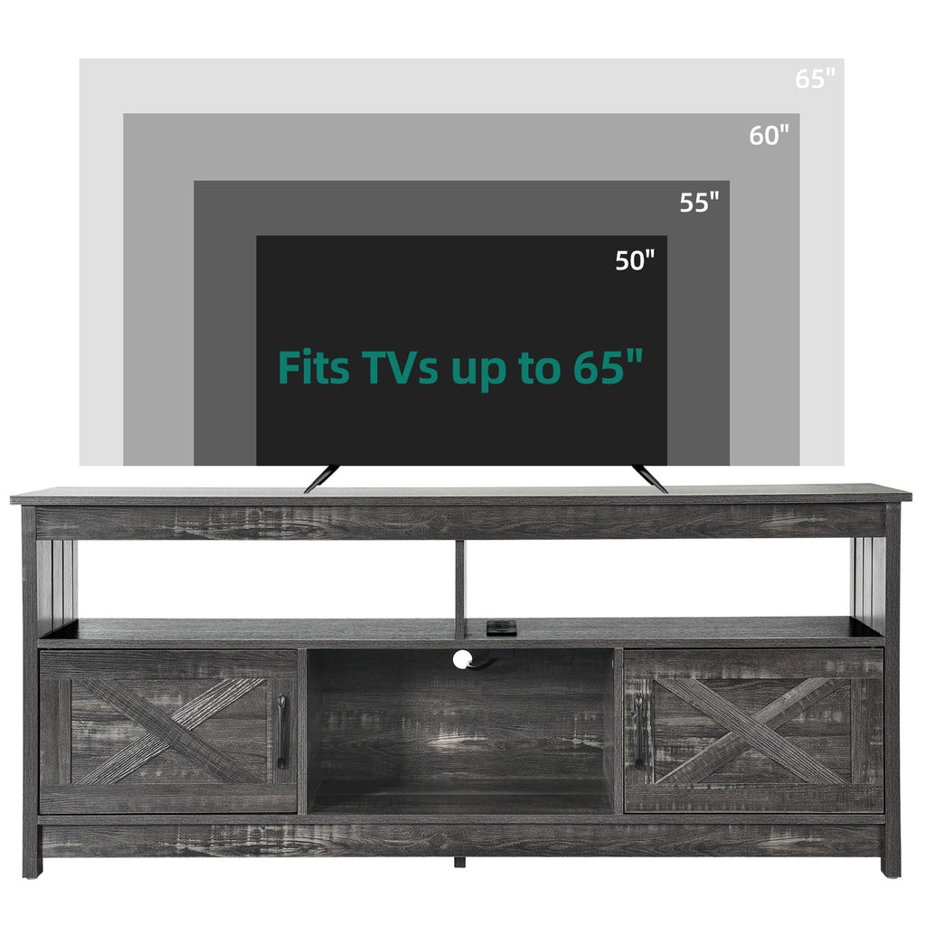 Meuble TV Farmhouse pouvant accueillir jusqu'à 65 téléviseurs avec portes et étagères ouvertes Console multimédia Prise de courant