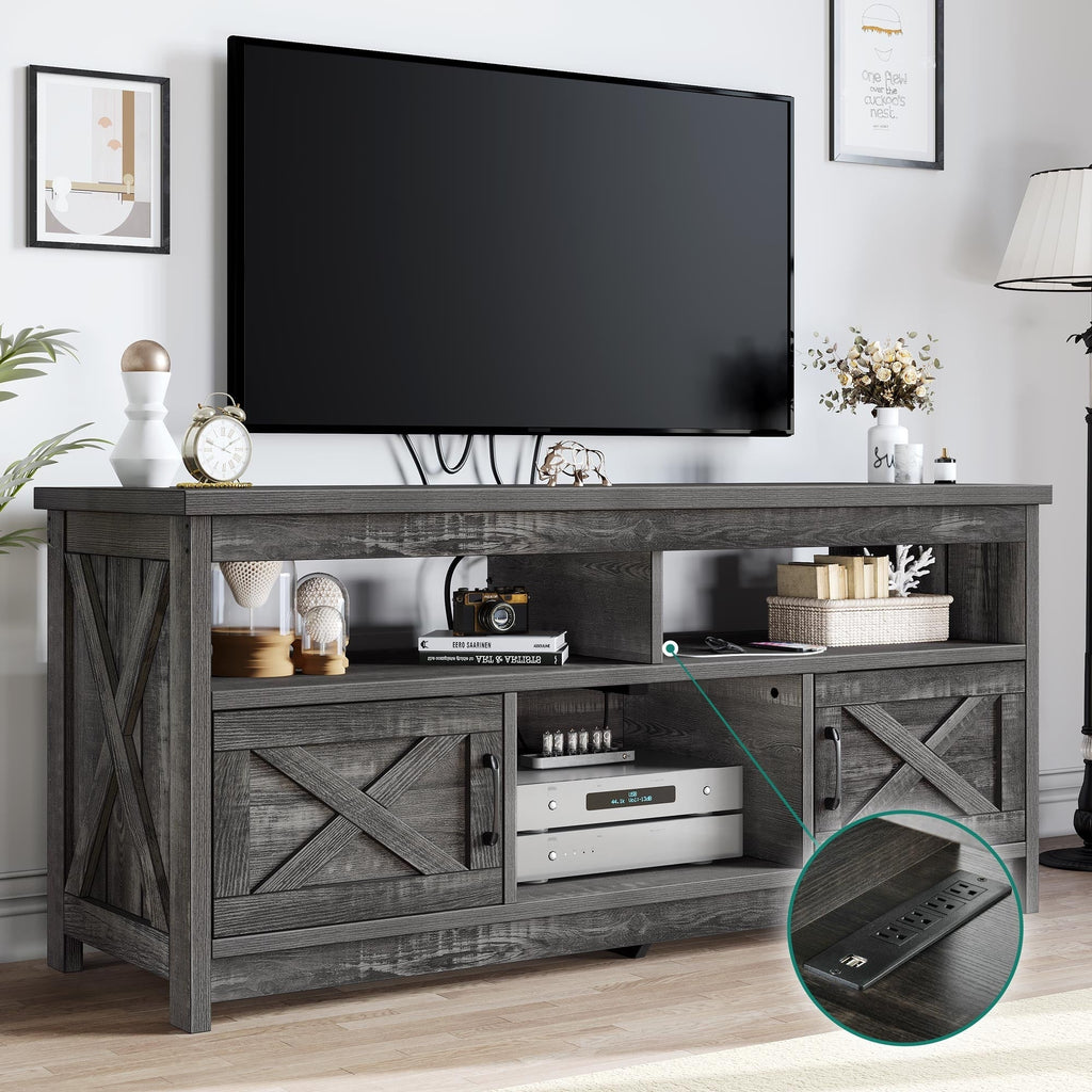 Meuble TV Farmhouse pouvant accueillir jusqu'à 65 téléviseurs avec portes et étagères ouvertes Console multimédia Prise de courant