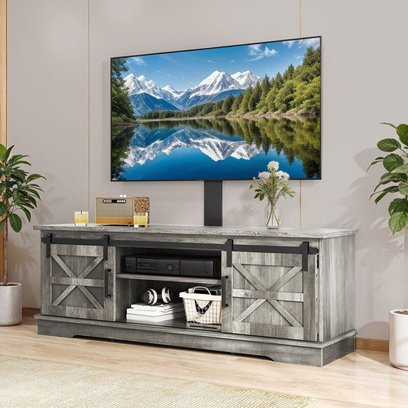 Meuble TV Farmhouse pouvant accueillir jusqu'à 65 téléviseurs avec portes et étagères ouvertes Console multimédia Prise de courant