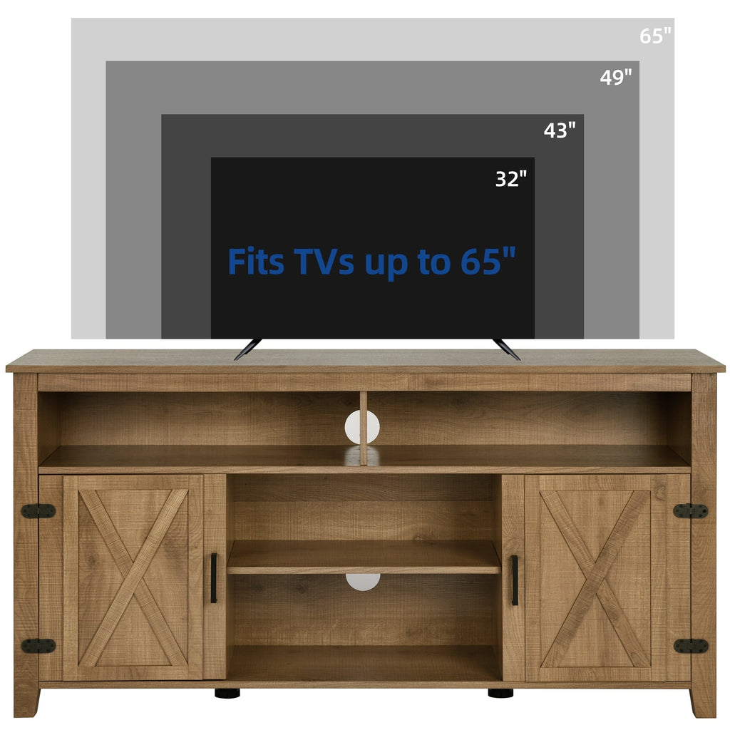 Meuble TV Farmhouse pouvant accueillir jusqu'à 65 téléviseurs avec portes et étagères ouvertes Console multimédia Prise de courant