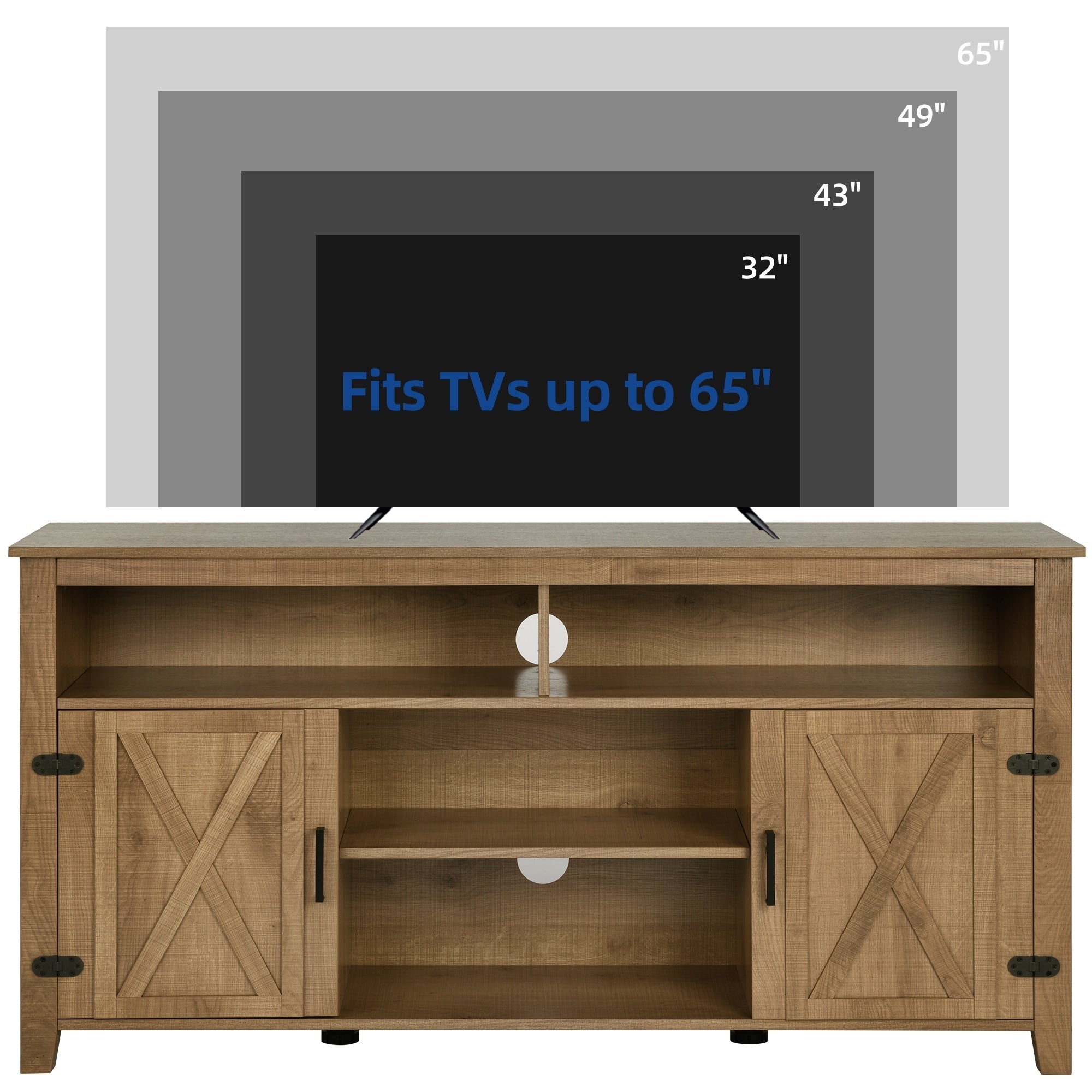 Meuble TV Farmhouse pouvant accueillir jusqu'à 65 téléviseurs avec portes et étagères ouvertes Console multimédia Prise de courant