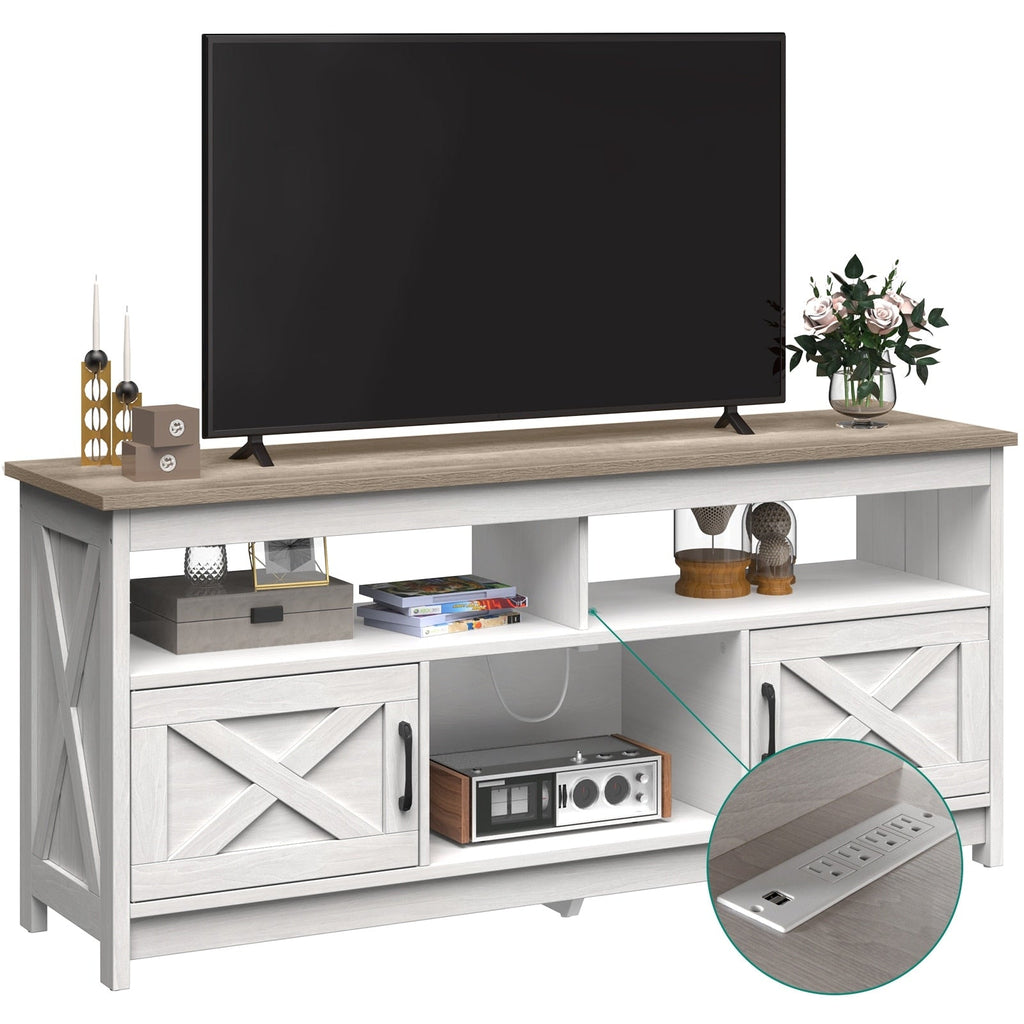 Meuble TV Farmhouse pouvant accueillir jusqu'à 65 téléviseurs avec portes et étagères ouvertes Console multimédia Prise de courant
