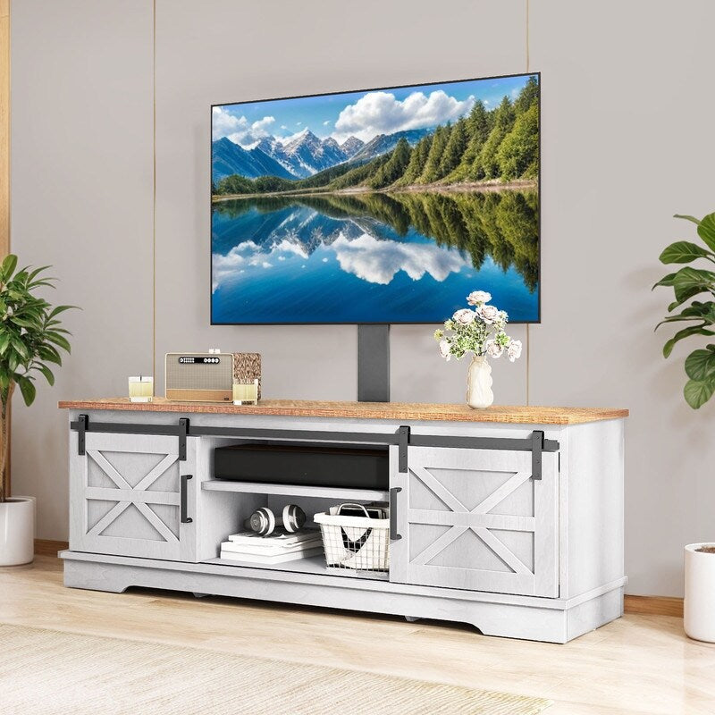Meuble TV Farmhouse pouvant accueillir jusqu'à 65 téléviseurs avec portes et étagères ouvertes Console multimédia Prise de courant