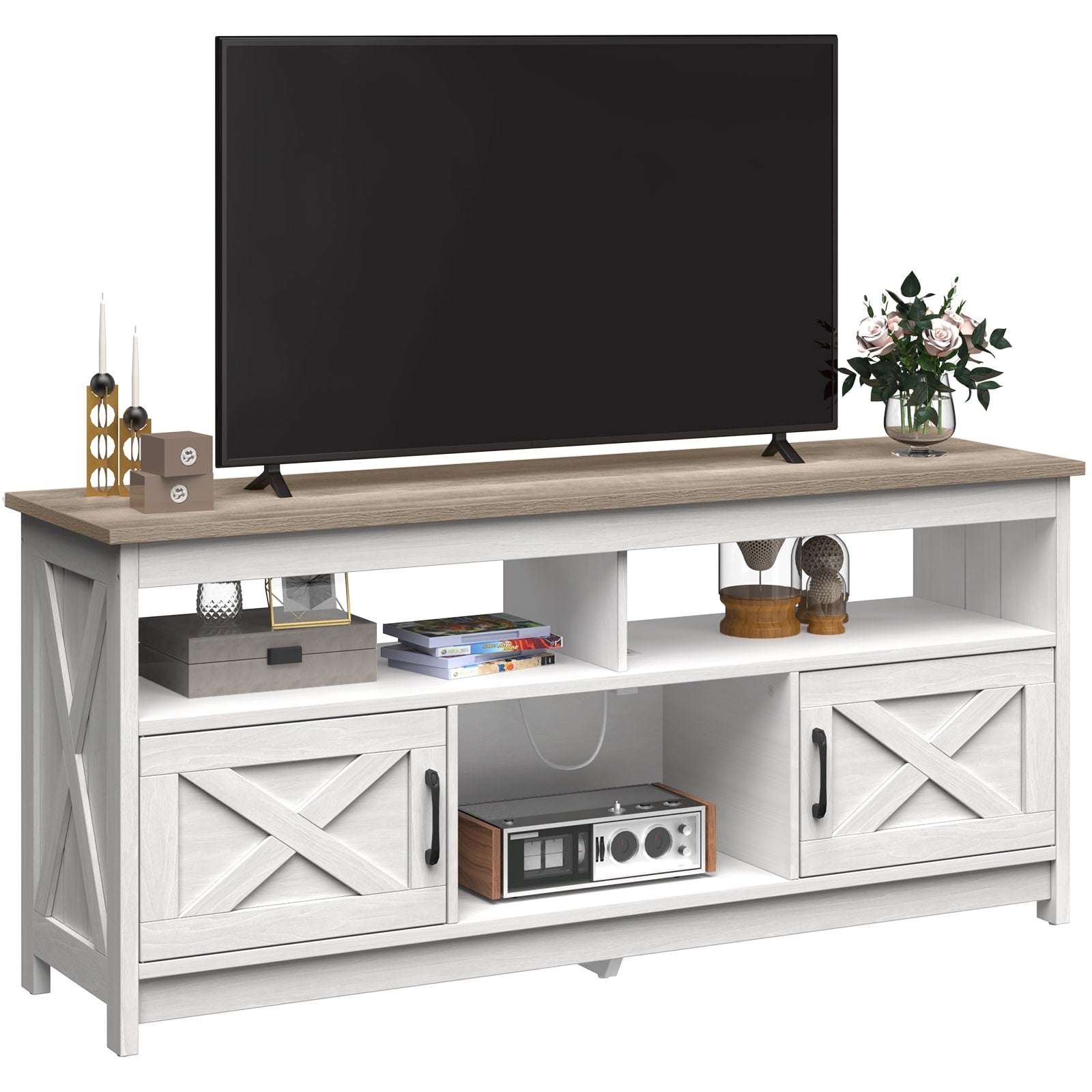 Meuble TV Farmhouse pouvant accueillir jusqu'à 65 téléviseurs avec portes et étagères ouvertes Console multimédia Prise de courant
