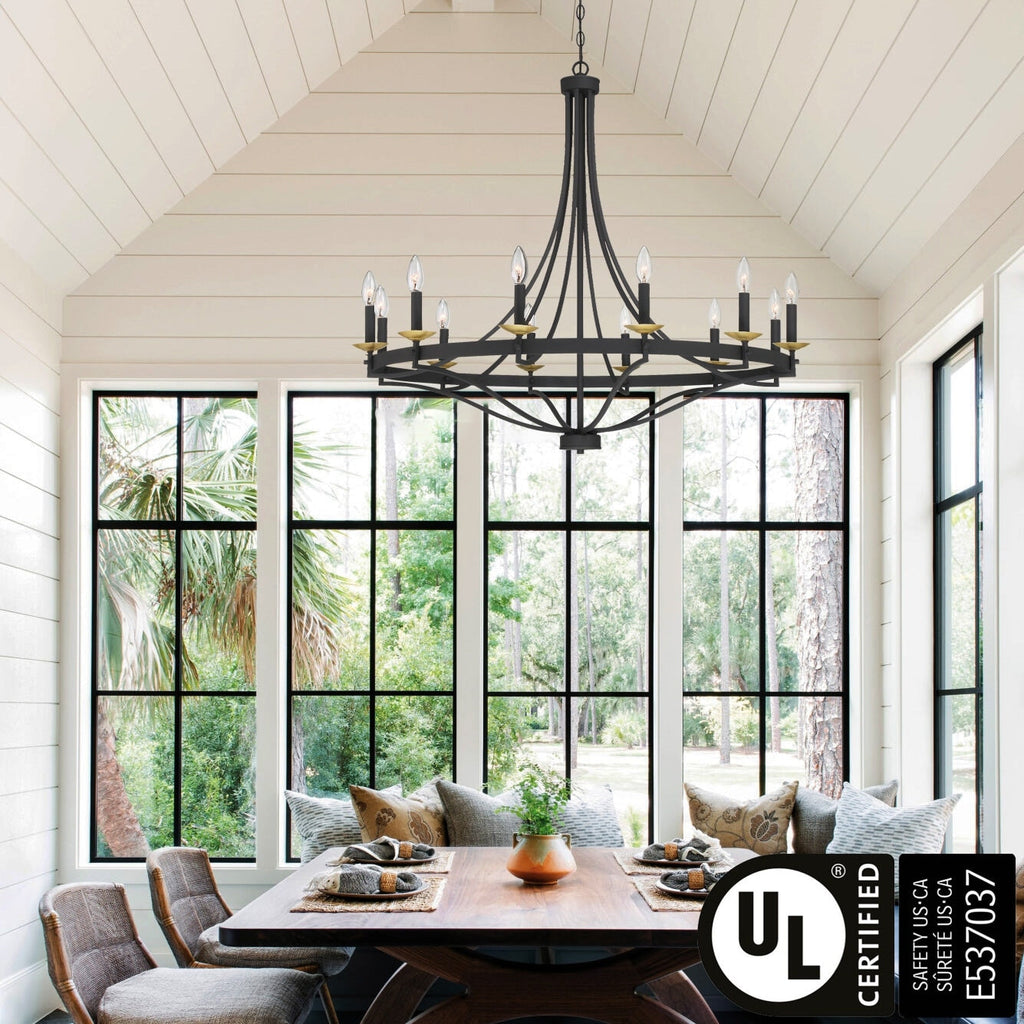 Lustre Empire à 12 lumières de style ferme moderne Fidenza avec roue de chariot et UL - D40'' * H135''