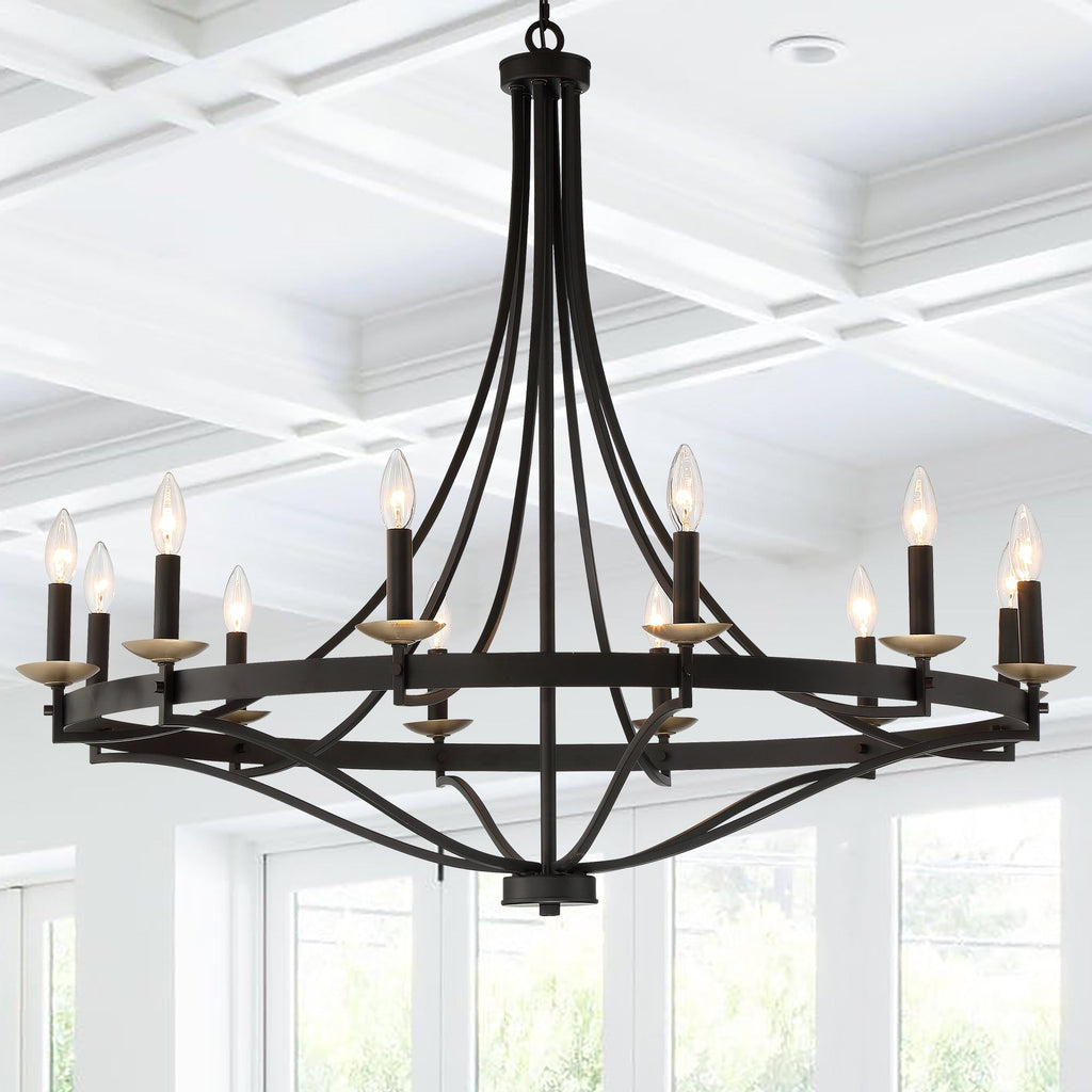 Lustre Empire à 12 lumières de style ferme moderne Fidenza avec roue de chariot et UL - D40'' * H135''