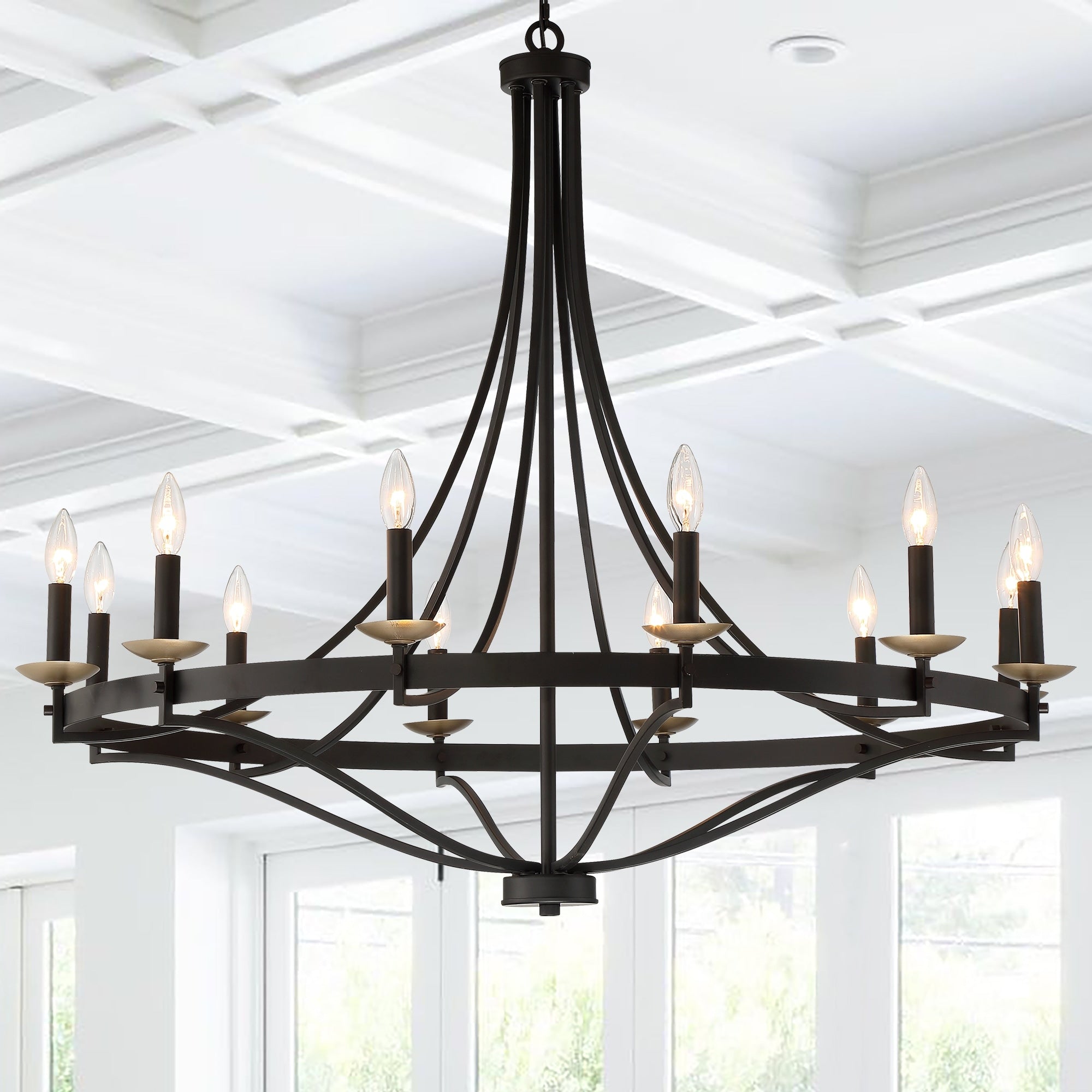 Lustre Empire à 12 lumières de style ferme moderne Fidenza avec roue de chariot et UL - D40'' * H135''