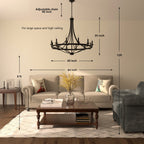 Lustre Empire à 12 lumières de style ferme moderne Fidenza avec roue de chariot et UL - D40'' * H135''
