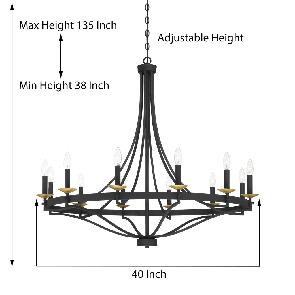Lustre Empire à 12 lumières de style ferme moderne Fidenza avec roue de chariot et UL - D40'' * H135''