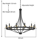 Lustre Empire à 12 lumières de style ferme moderne Fidenza avec roue de chariot et UL - D40'' * H135''