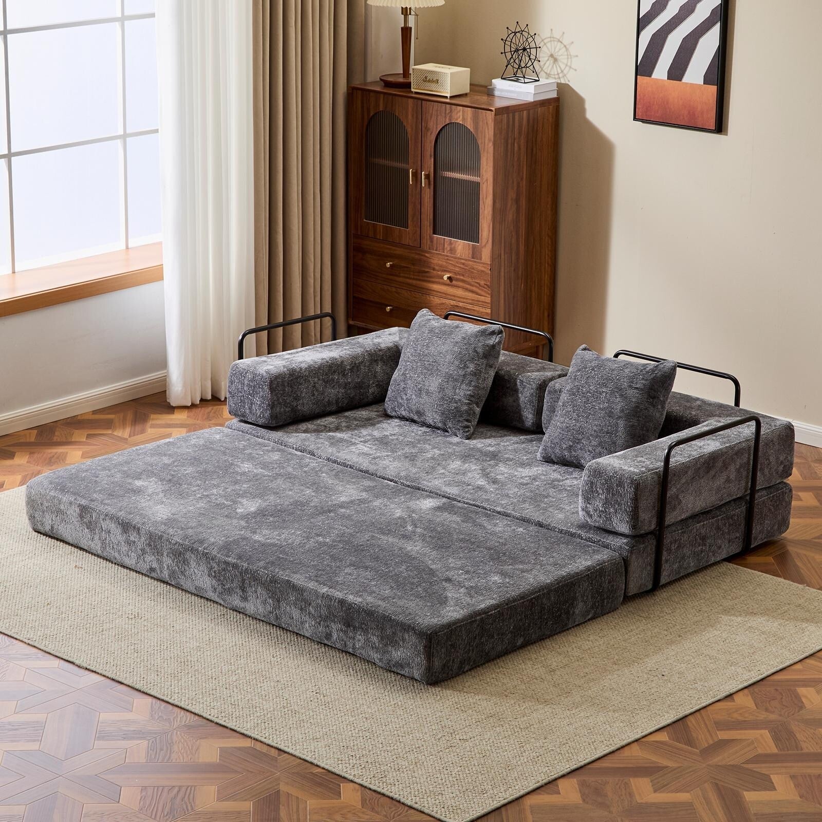 Canapé-lit convertible avec dossier coussiné en tissu chenille pour salon et chambre à coucher