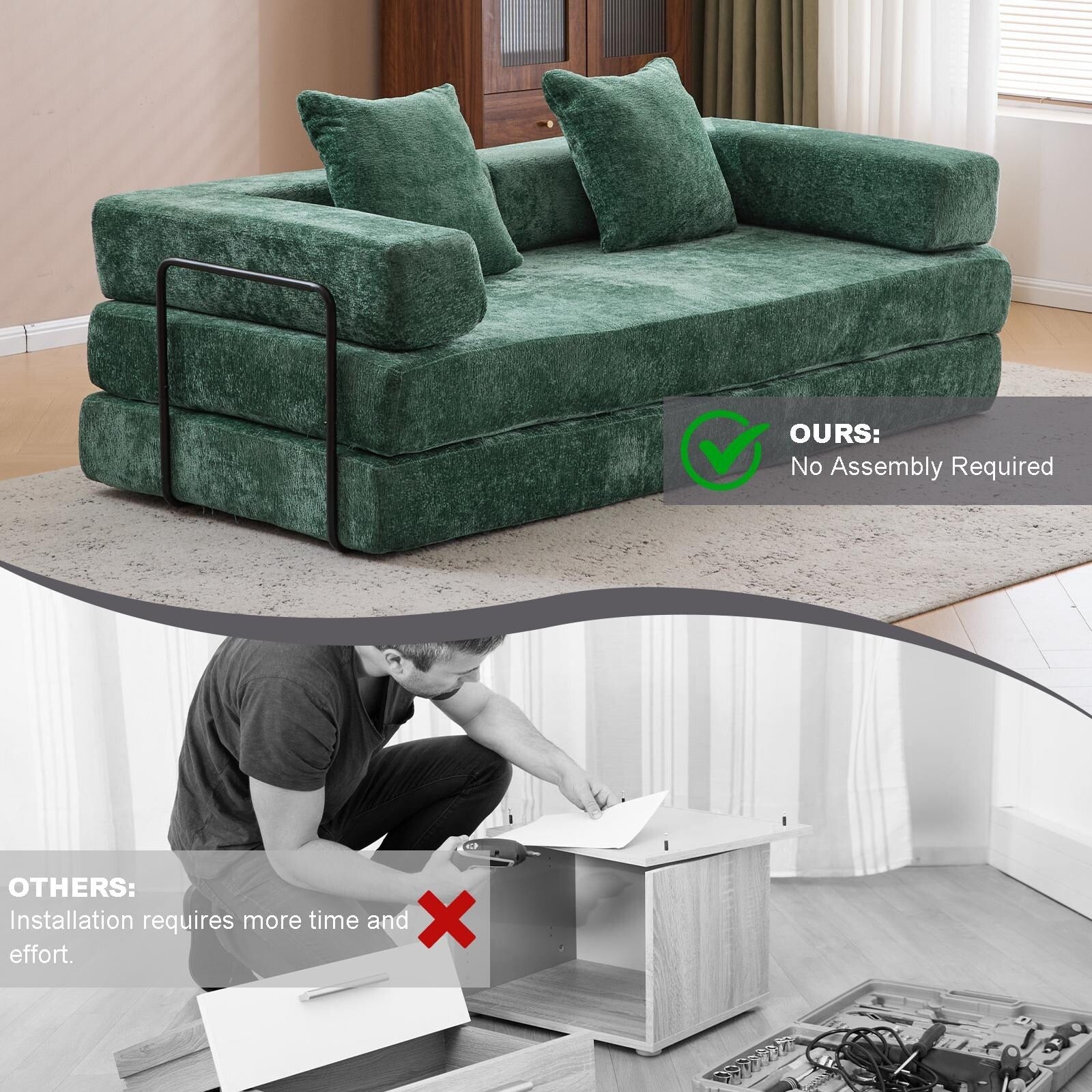 Canapé-lit convertible avec dossier coussiné en tissu chenille pour salon et chambre à coucher