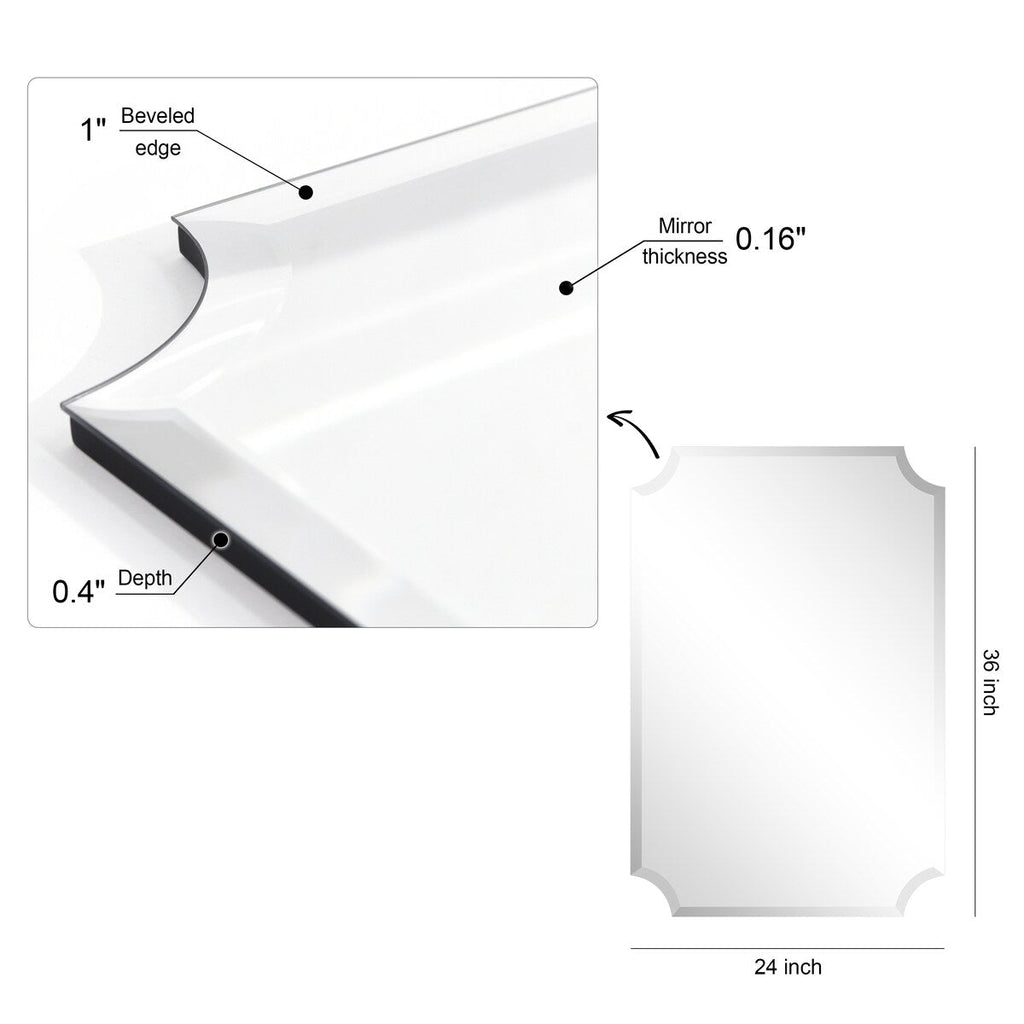 Miroir mural biseauté festonné rectangulaire sans cadre, pour salle de bain, coiffeuse, chambre à coucher, 1 bord biseauté - Transparent