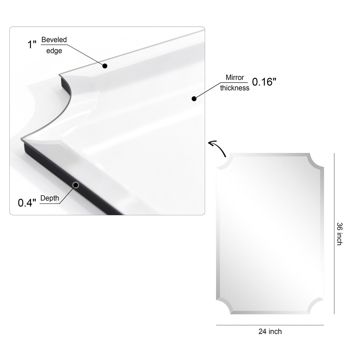 Miroir mural biseauté festonné rectangulaire sans cadre, pour salle de bain, coiffeuse, chambre à coucher, 1 bord biseauté - Transparent