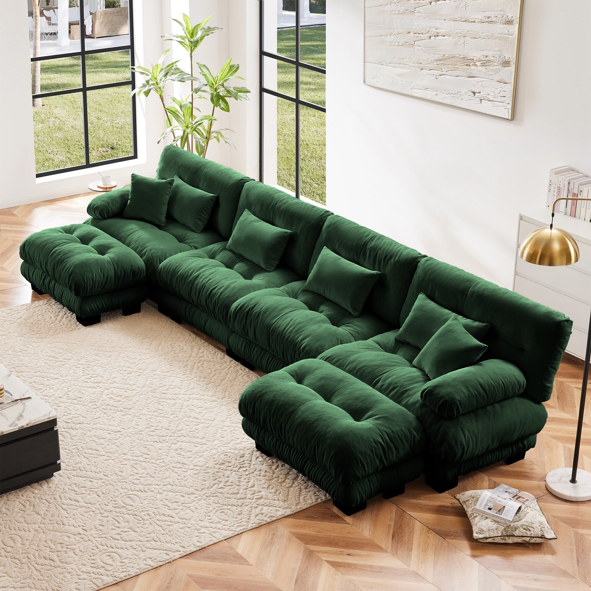 Canapé modulable 4 places en chenille avec 2 poufs et oreiller pour le salon