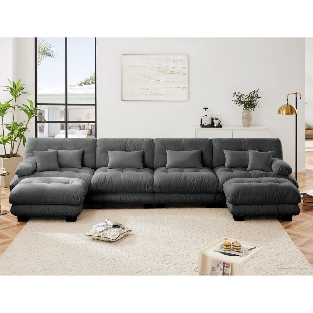 Canapé modulable 4 places en chenille avec 2 poufs et oreiller pour le salon