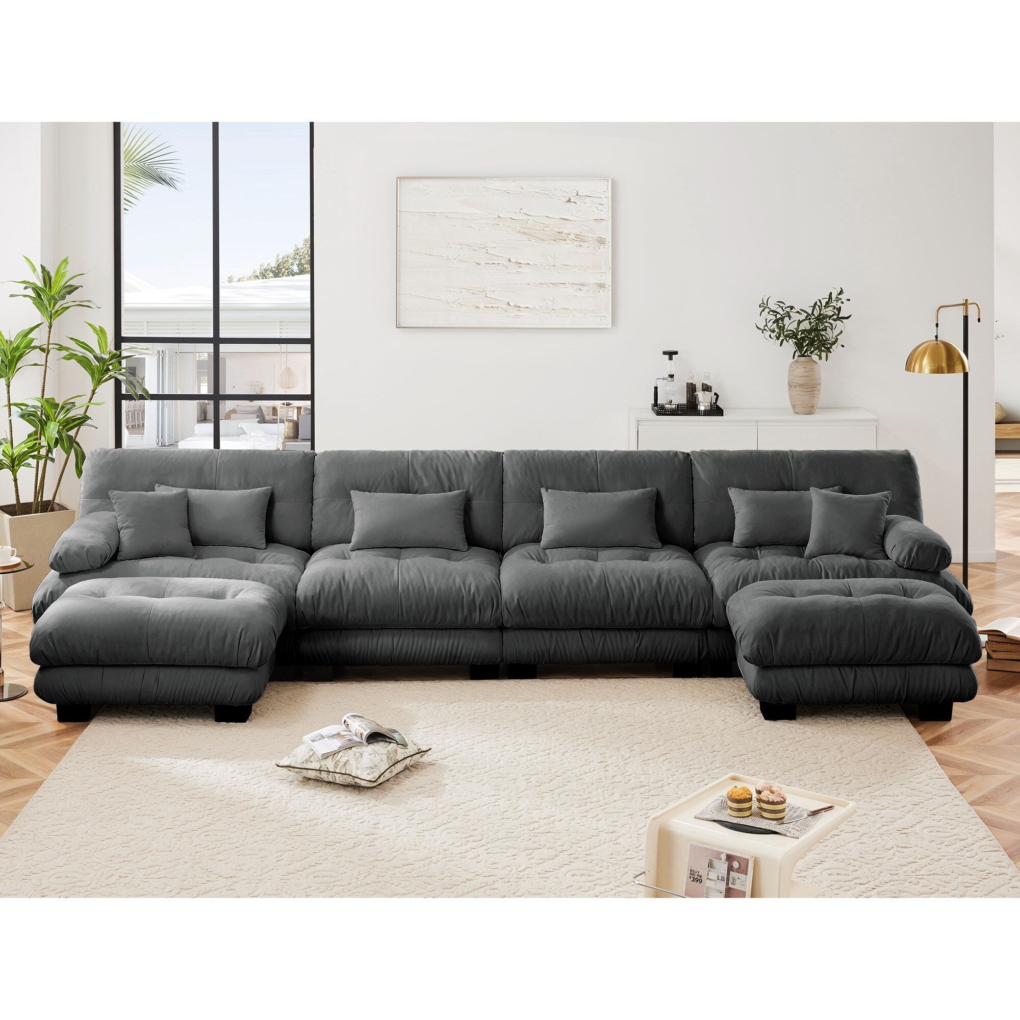Canapé modulable 4 places en chenille avec 2 poufs et oreiller pour le salon