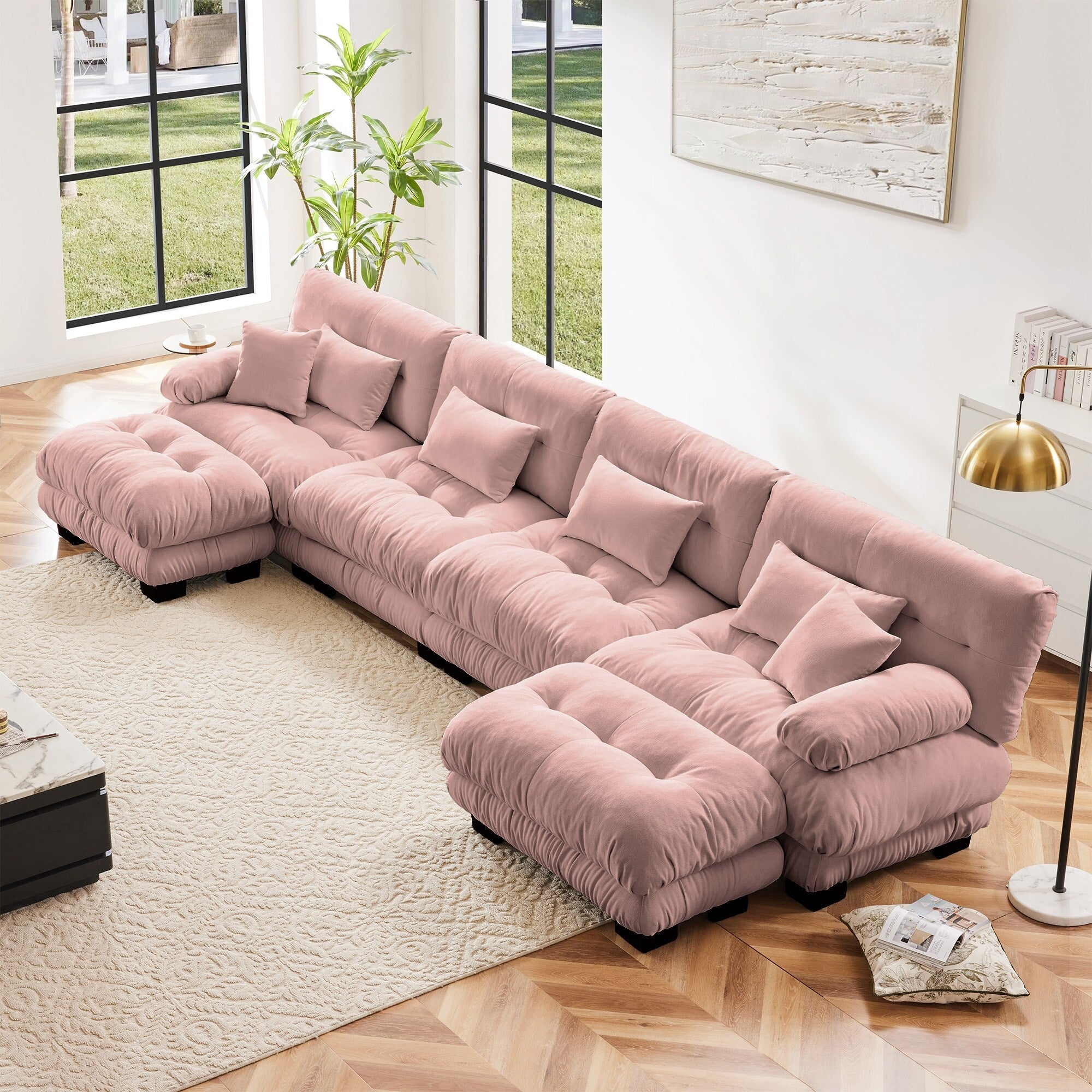 Canapé modulable 4 places en chenille avec 2 poufs et oreiller pour le salon