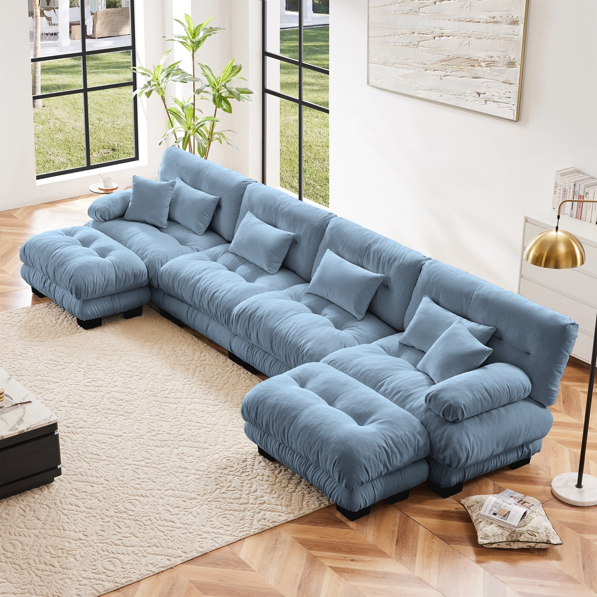 Canapé modulable 4 places en chenille avec 2 poufs et oreiller pour le salon