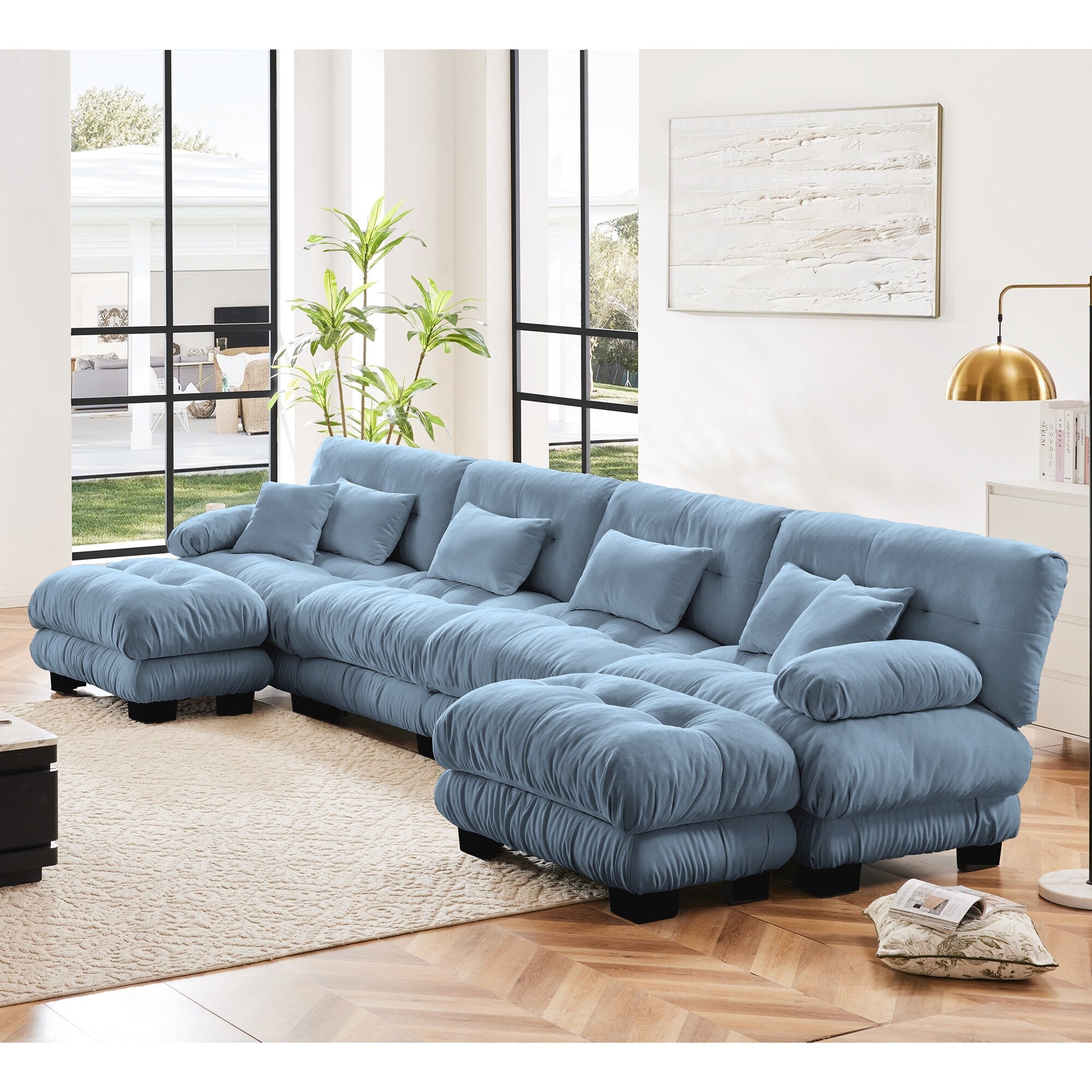Canapé modulable 4 places en chenille avec 2 poufs et oreiller pour le salon