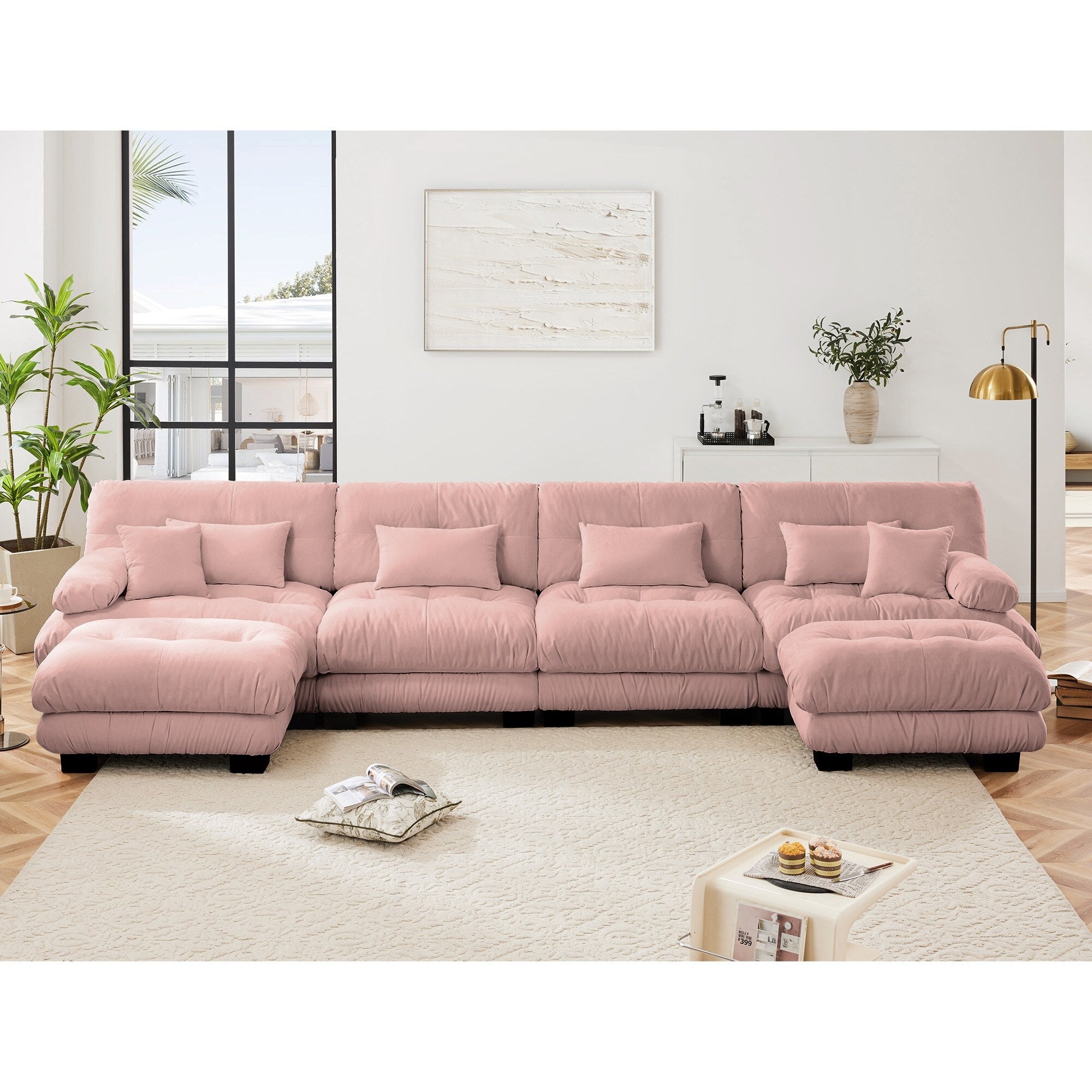 Canapé modulable 4 places en chenille avec 2 poufs et oreiller pour le salon