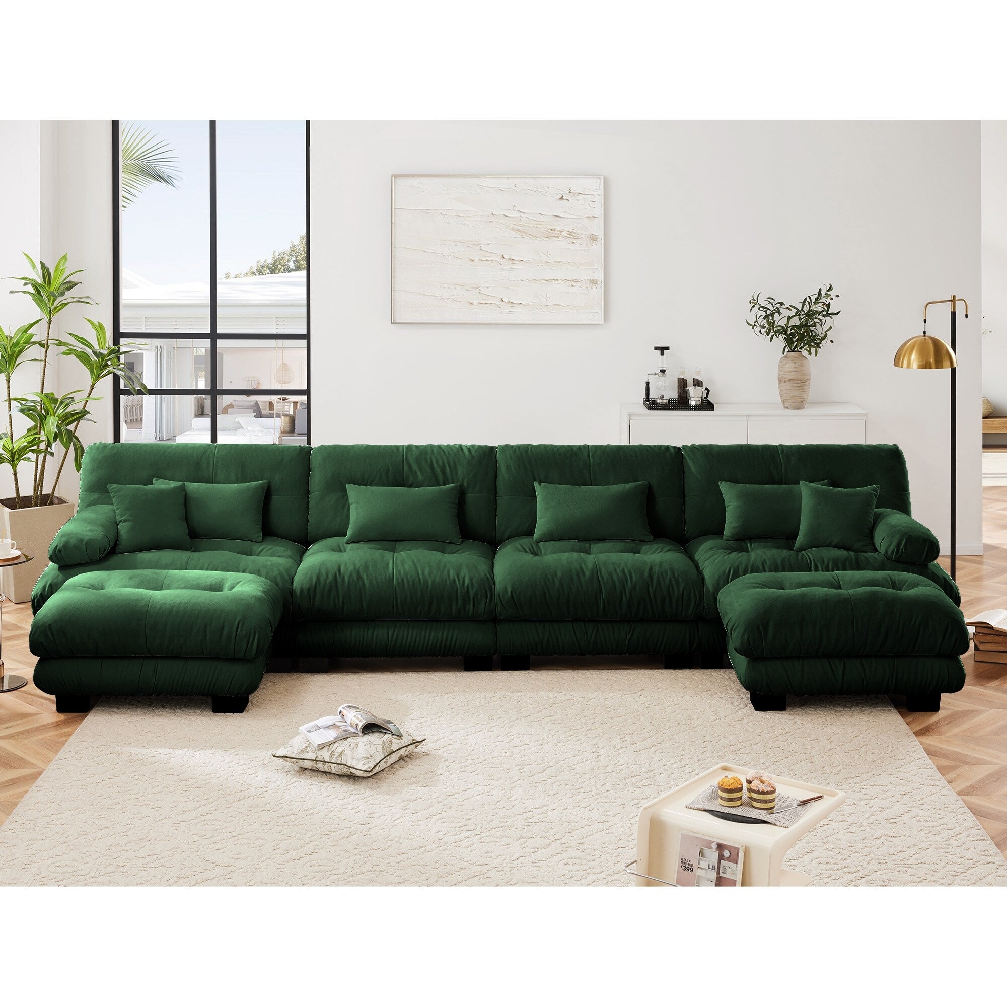 Canapé modulable 4 places en chenille avec 2 poufs et oreiller pour le salon