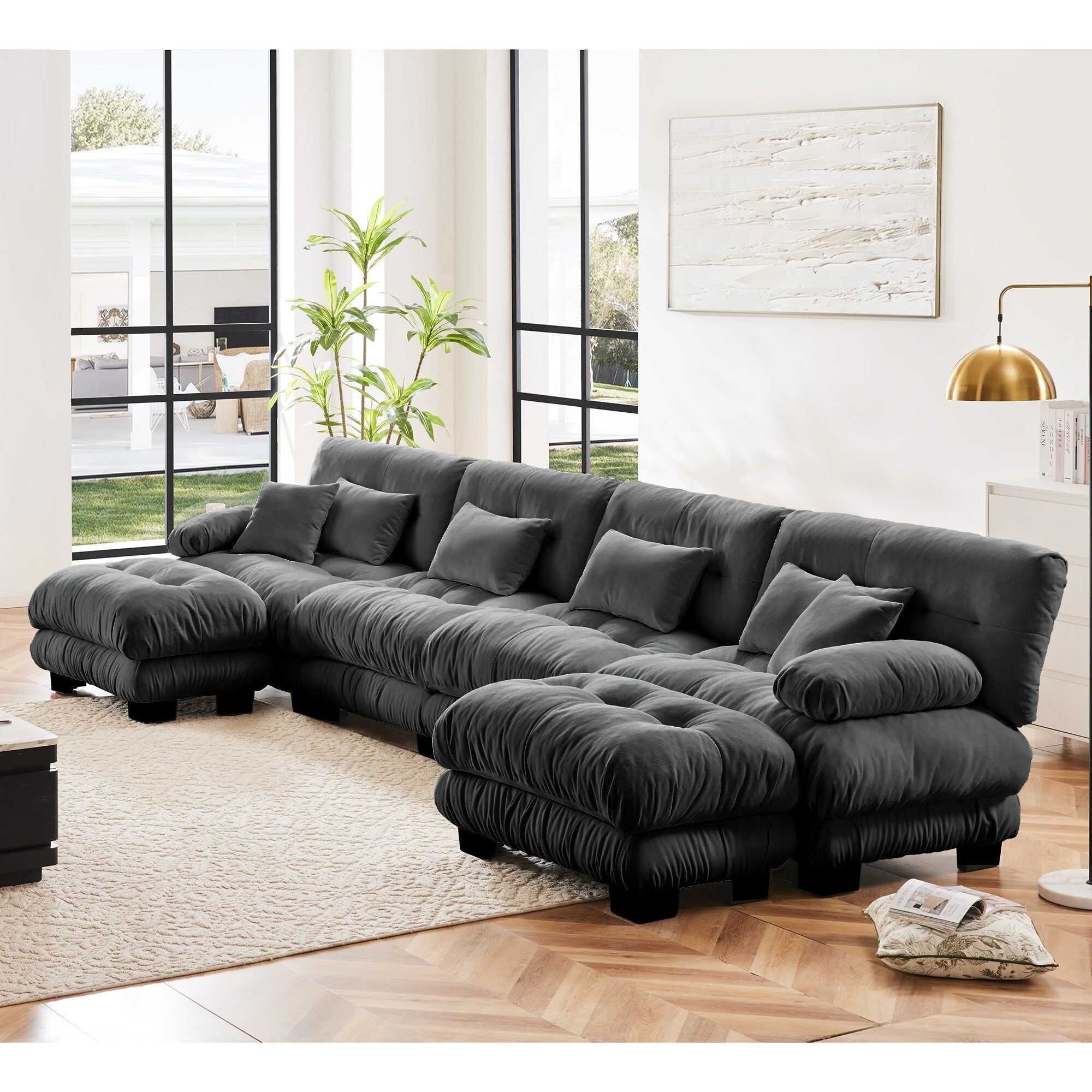Canapé modulable 4 places en chenille avec 2 poufs et oreiller pour le salon