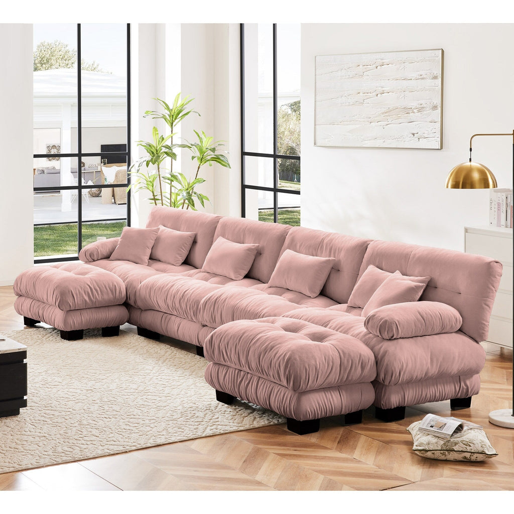 Canapé modulable 4 places en chenille avec 2 poufs et oreiller pour le salon