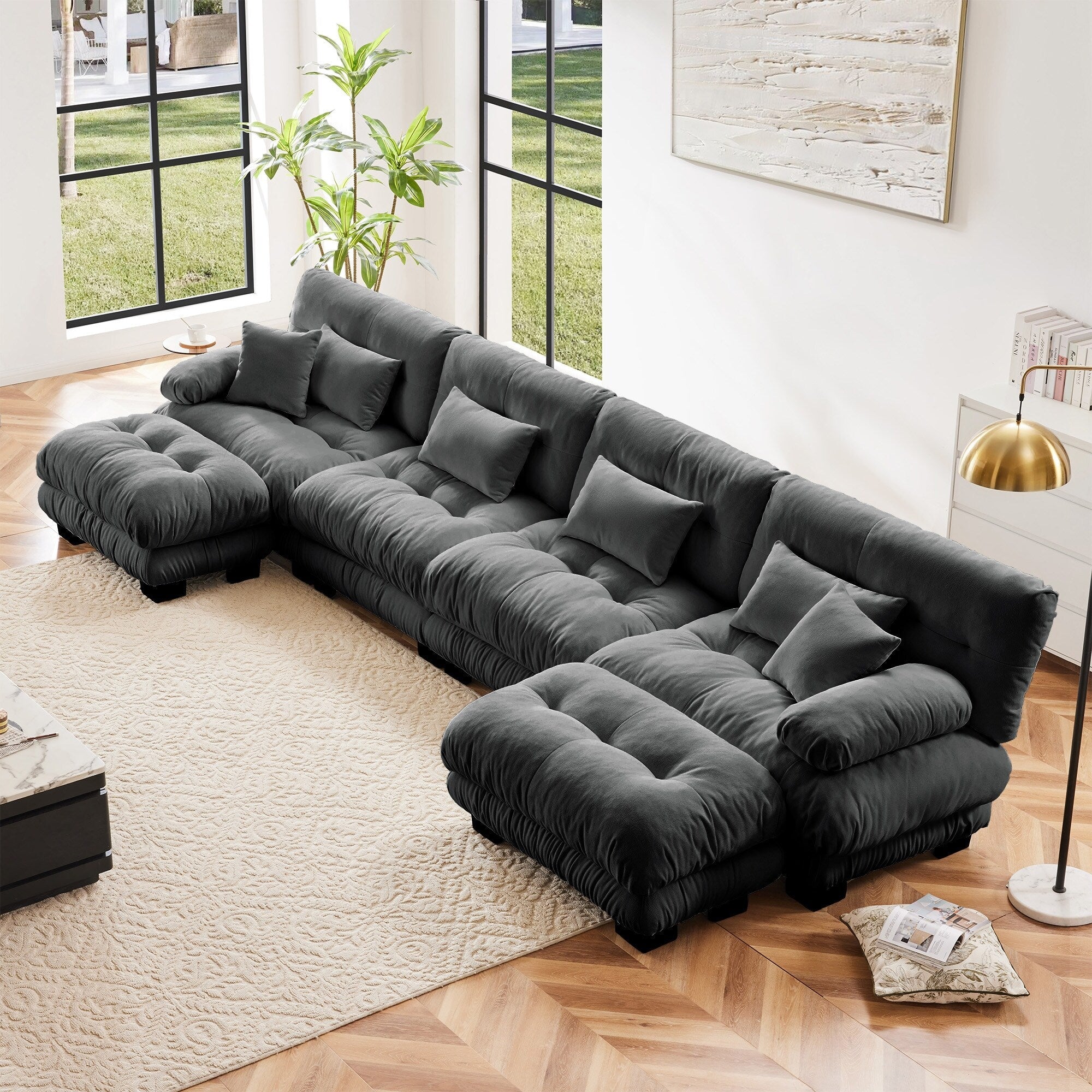 Canapé modulable 4 places en chenille avec 2 poufs et oreiller pour le salon