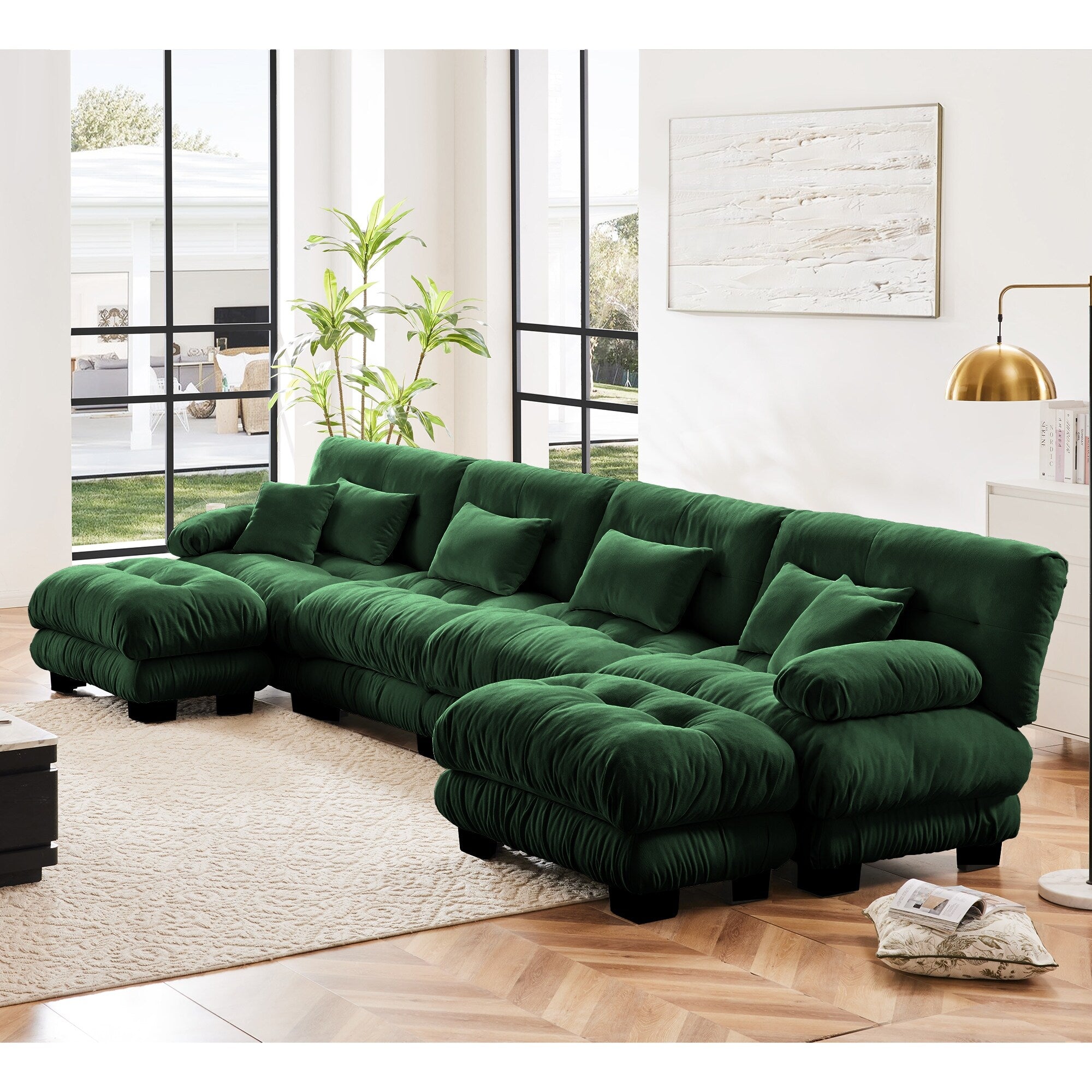Canapé modulable 4 places en chenille avec 2 poufs et oreiller pour le salon