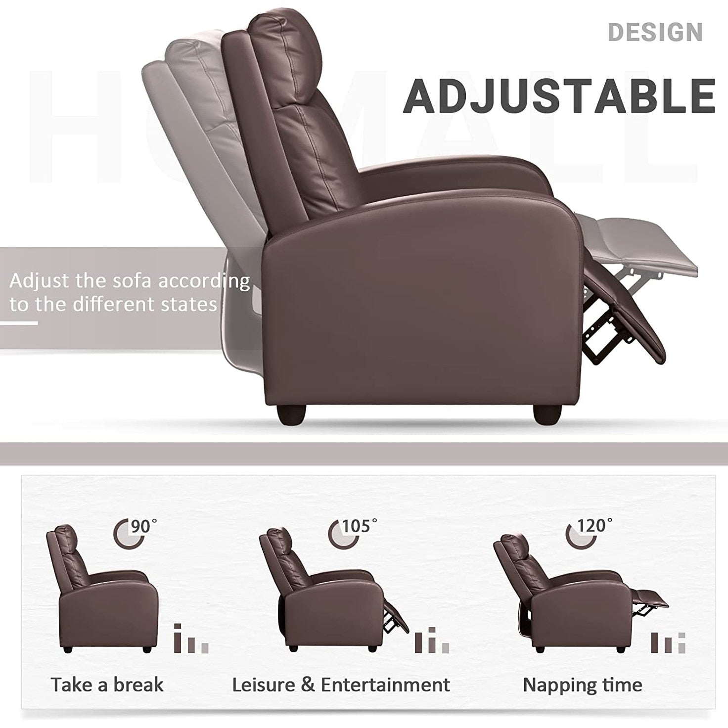 Canapé inclinable en cuir PU Furniwell avec siège et dossier rembourrés.