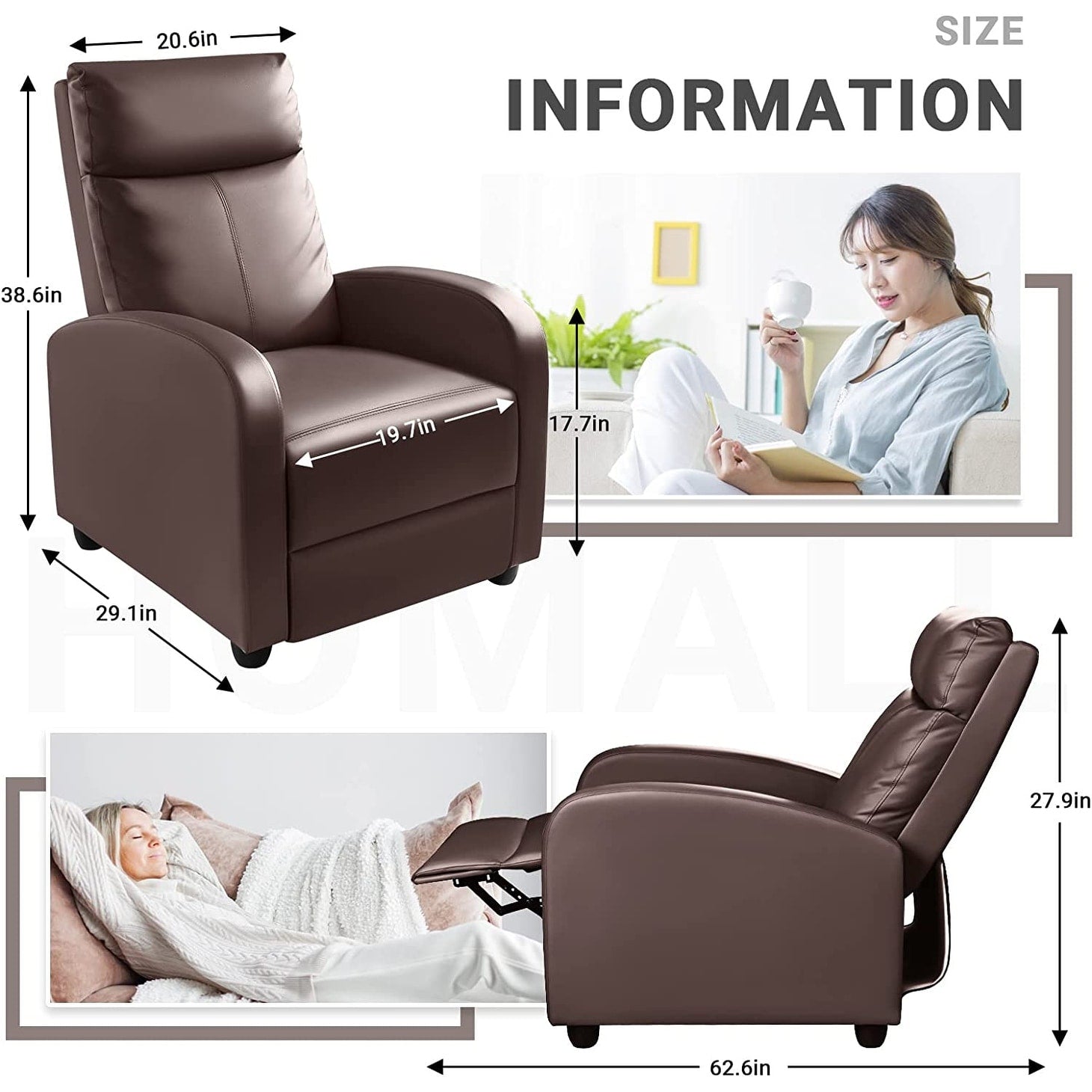 Canapé inclinable en cuir PU Furniwell avec siège et dossier rembourrés.
