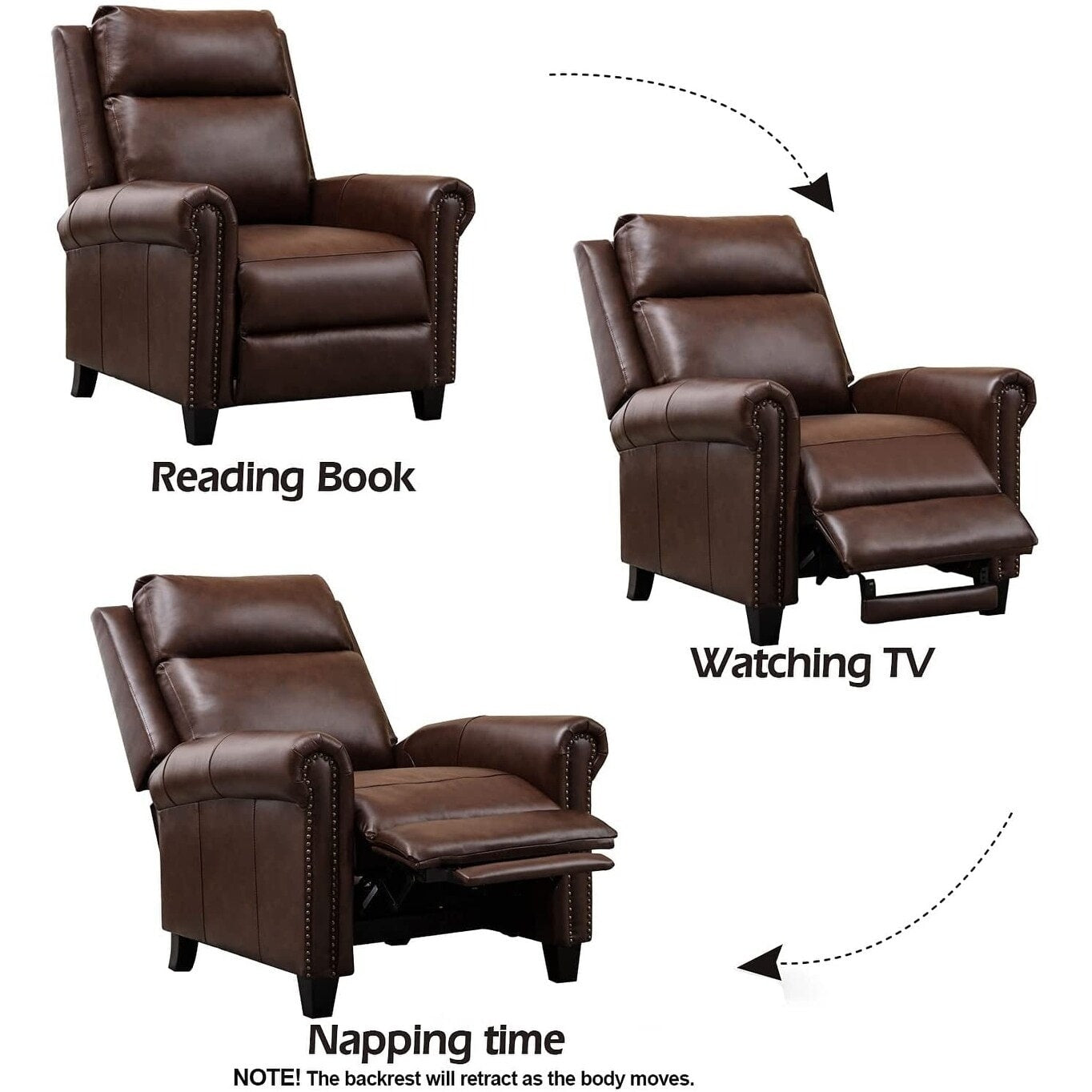 Fauteuil inclinable en cuir véritable avec accoudoirs et dossier confortables