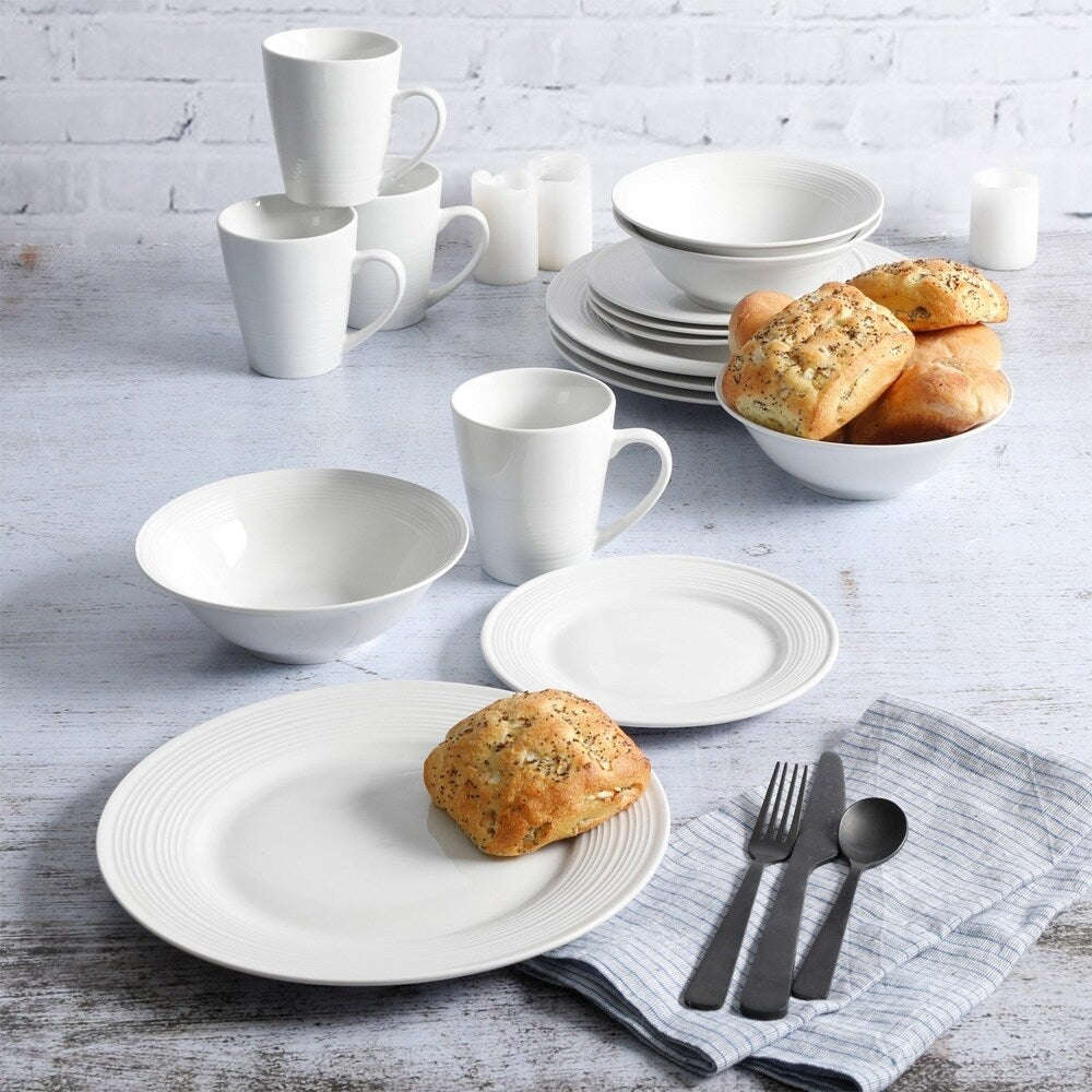 Service de table Gibson Home en céramique blanche, 16 pièces, motif buffet gaufré