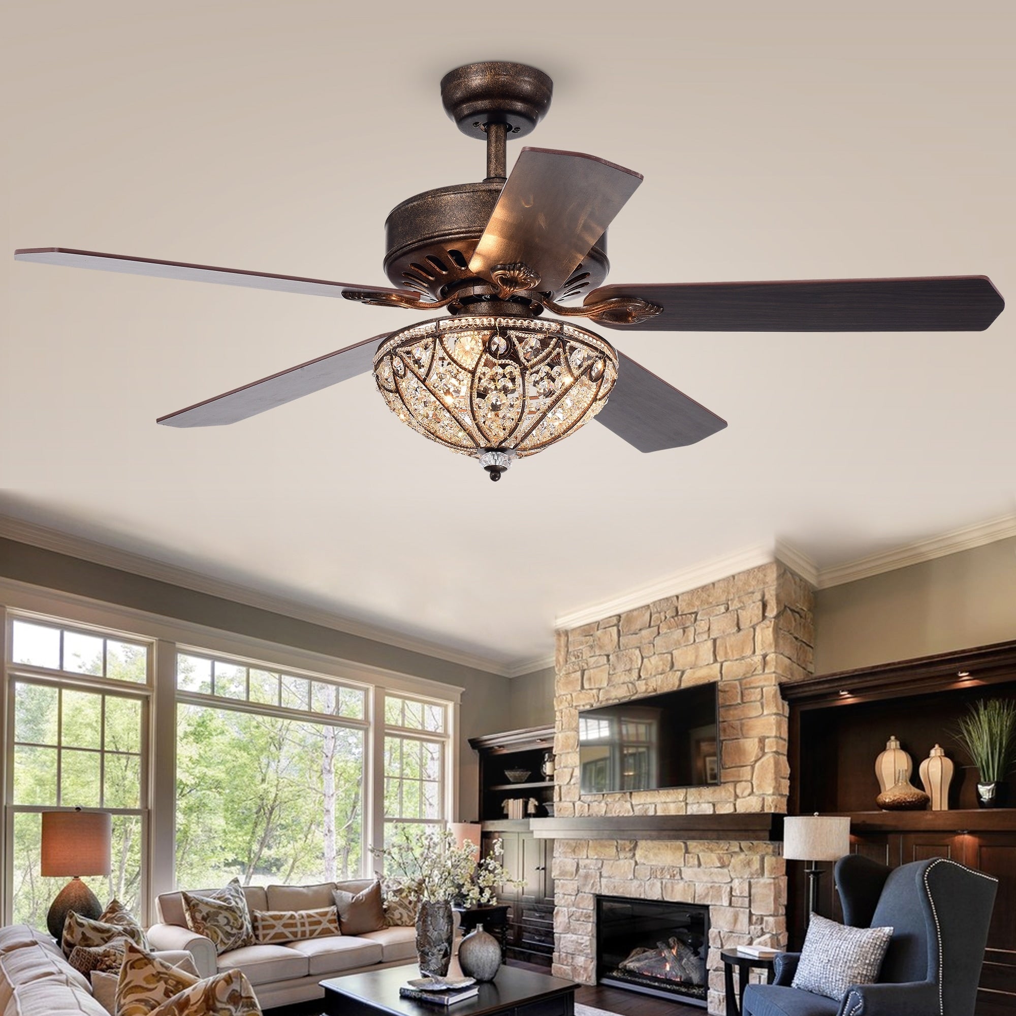 Ventilateur de plafond éclairé à 5 pales en bronze rustique Gliska avec abat-jour en cristal