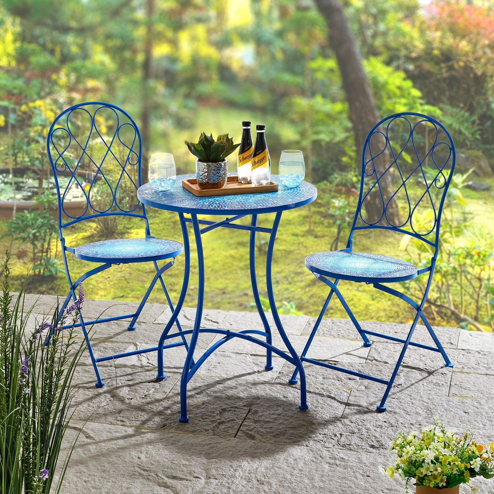Ensemble de bistrot pliant d'extérieur en métal Glitzhome 3 pièces avec table et chaises