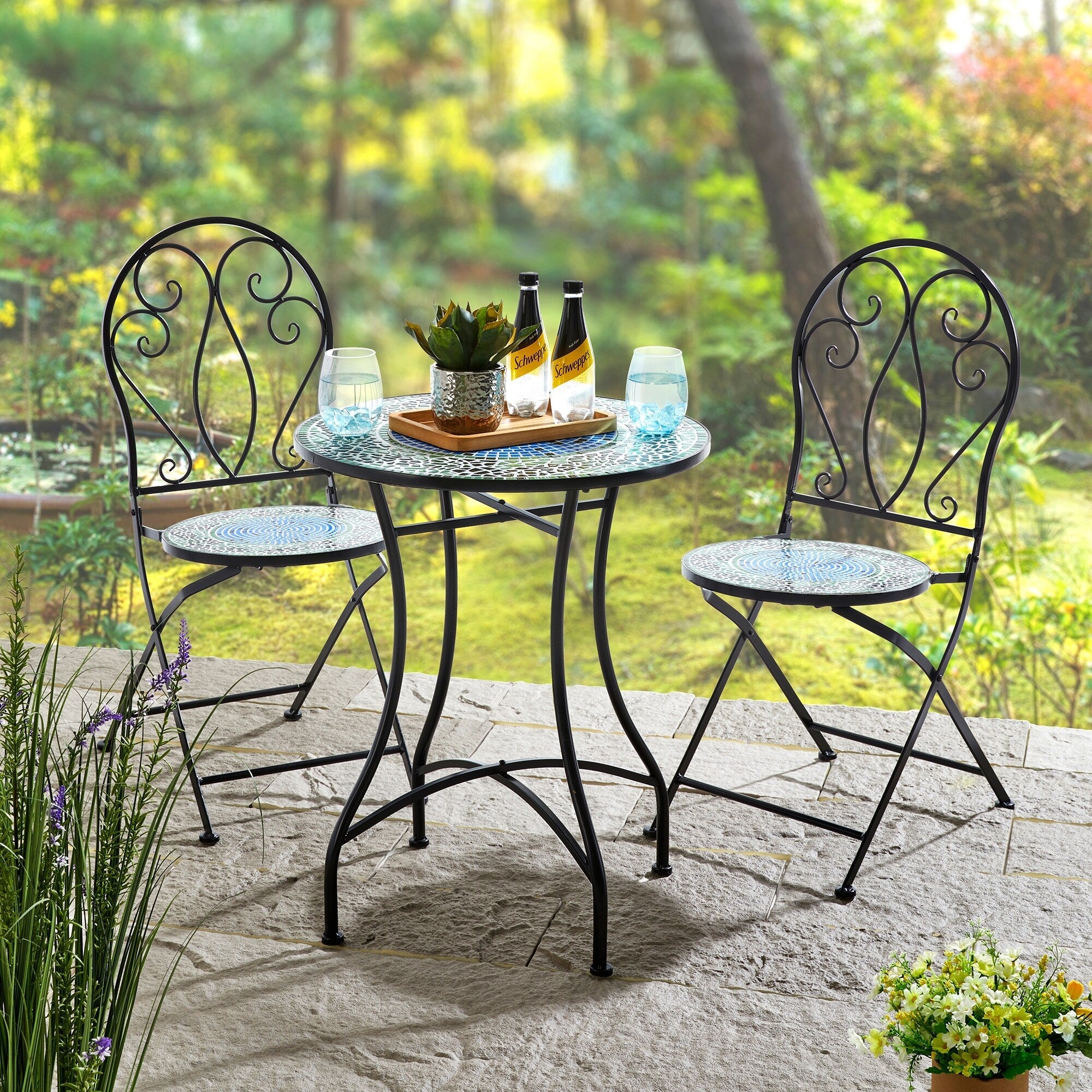 Ensemble de bistrot pliant d'extérieur en métal Glitzhome 3 pièces avec table et chaises