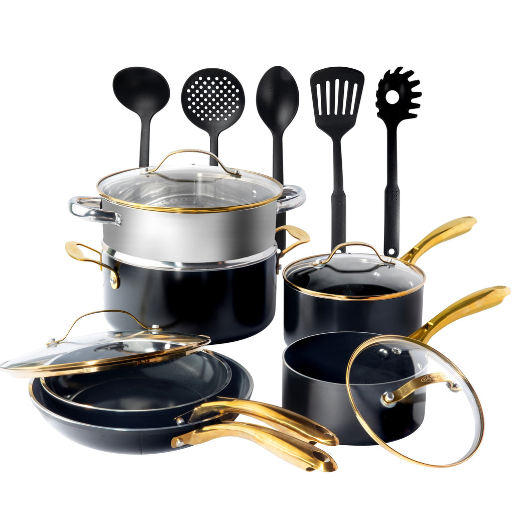 Batterie de cuisine antiadhésive en céramique noire Gotham Steel, 15 pièces, avec ustensiles