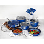 Batterie de cuisine antiadhésive Stackmaster Granitestone Blue 15 pièces avec couvercles en verre